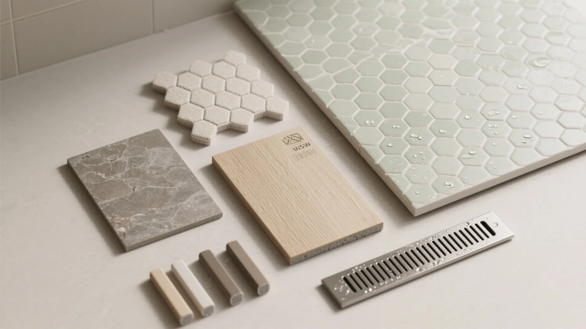 Interior design materials including green honeycomb tiles wood block stone slab and metal floor drain