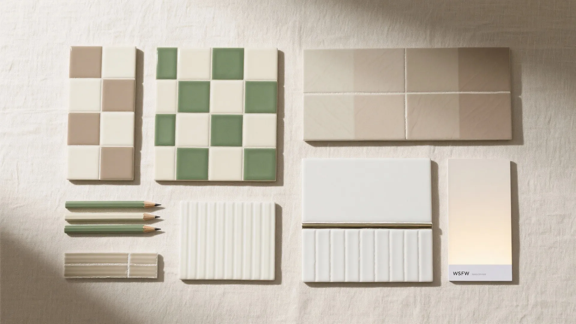 Interior design mood board with various ceramic tiles green pencils and a color paint sample