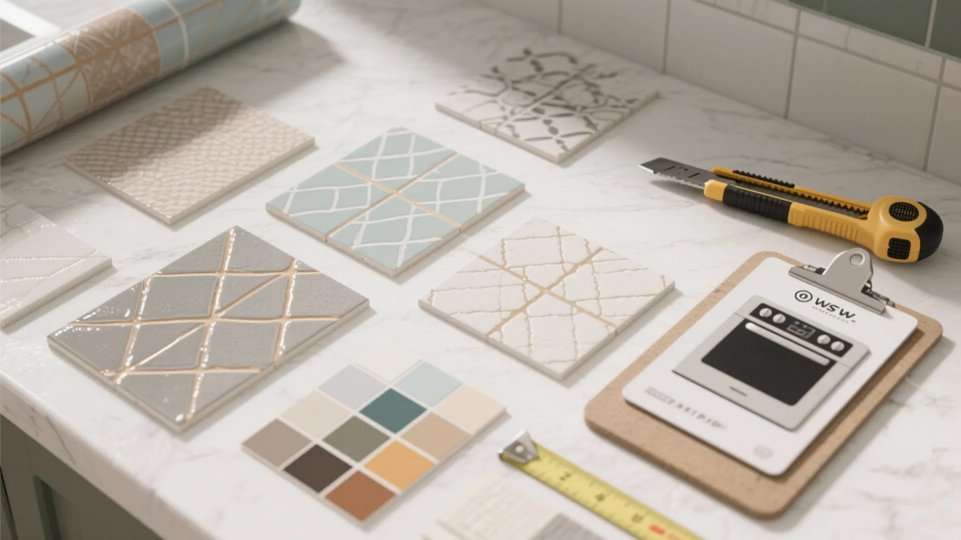 Wall tiles and color samples on marble table with utility knife and yellow tape measure