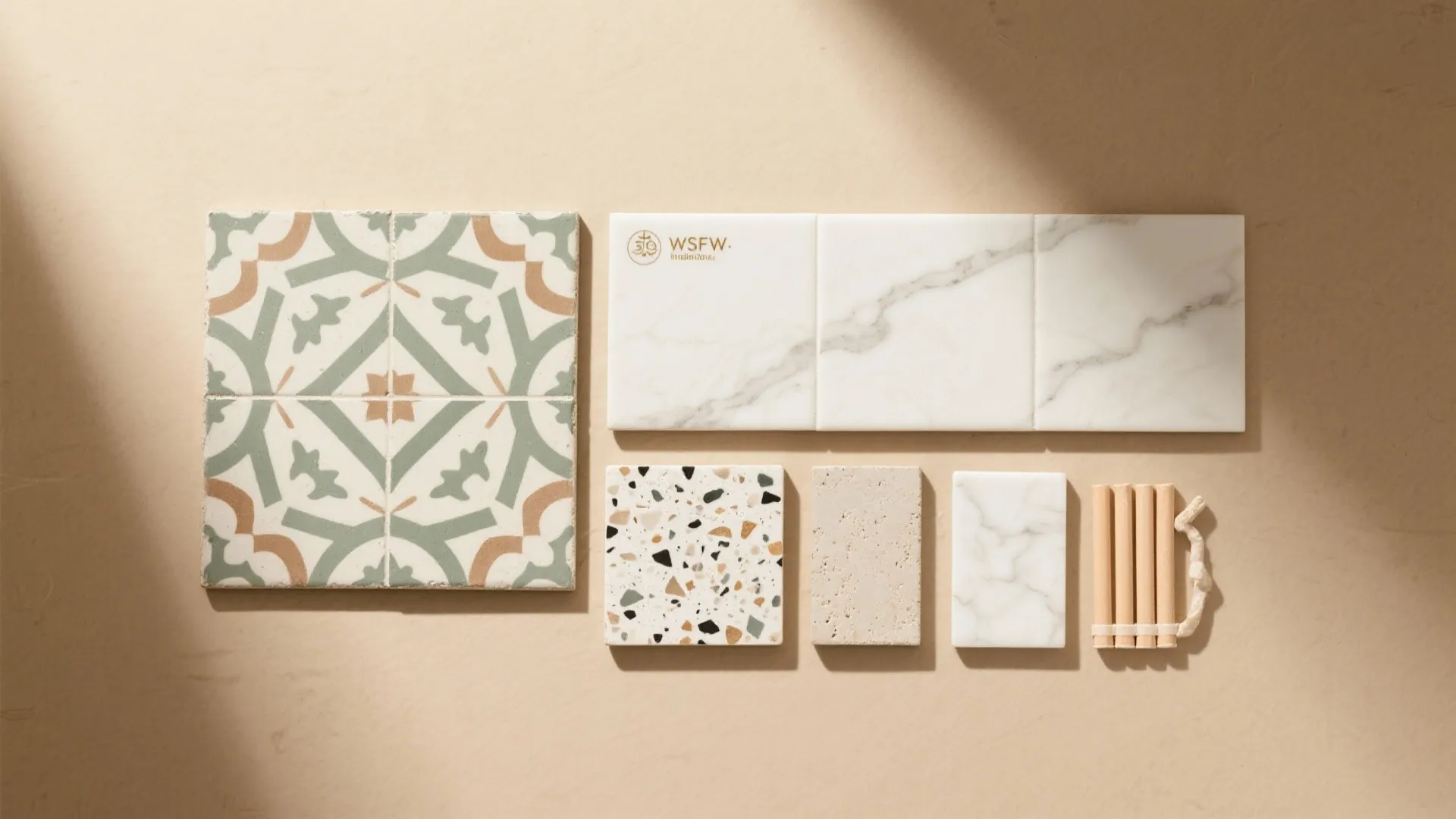 Various floor tiles including green patterns, white marble texture, spotted stone, and small wooden material samples