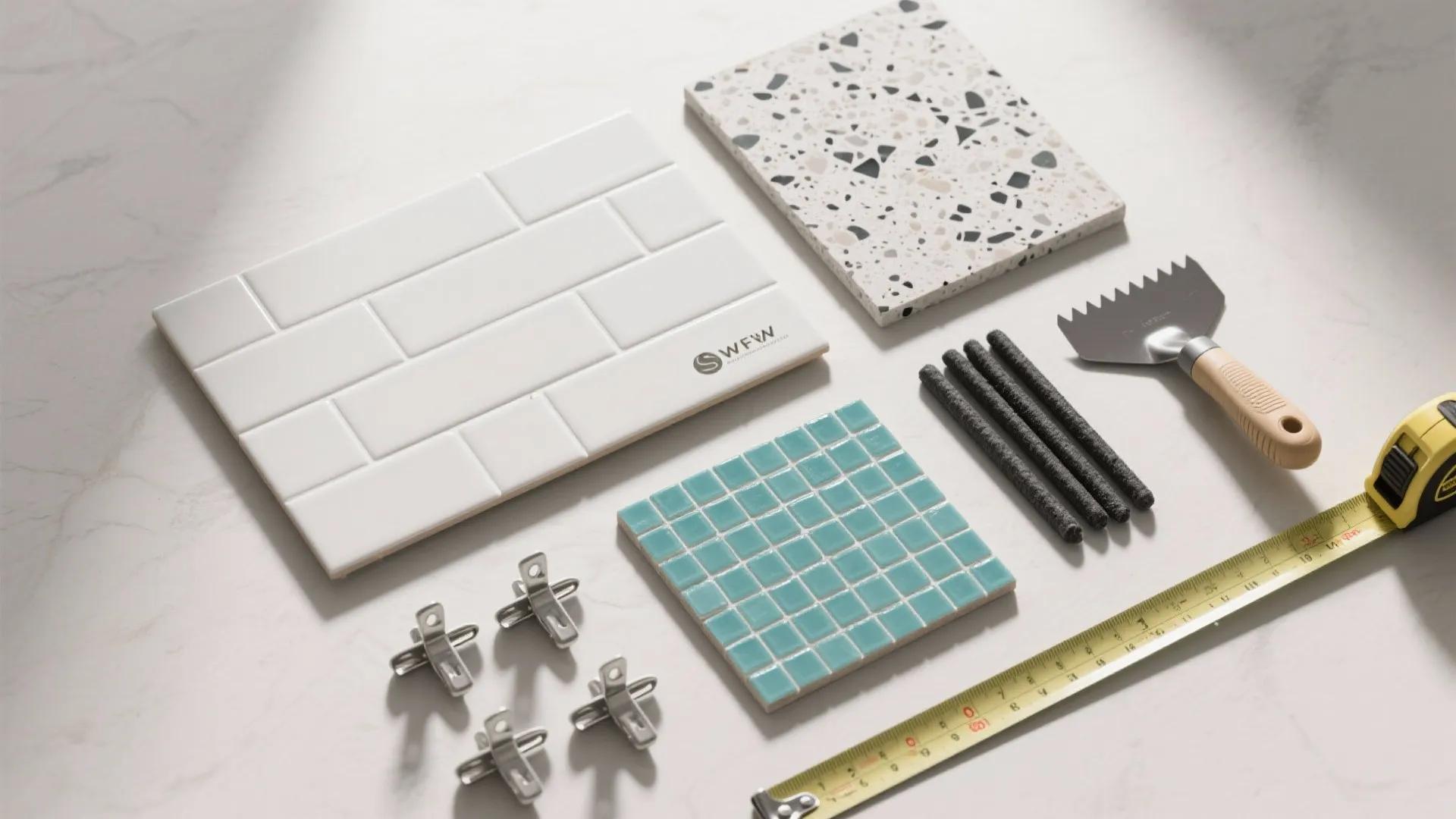 Various floor tiles and renovation tools including a measuring tape and scraper on a table
