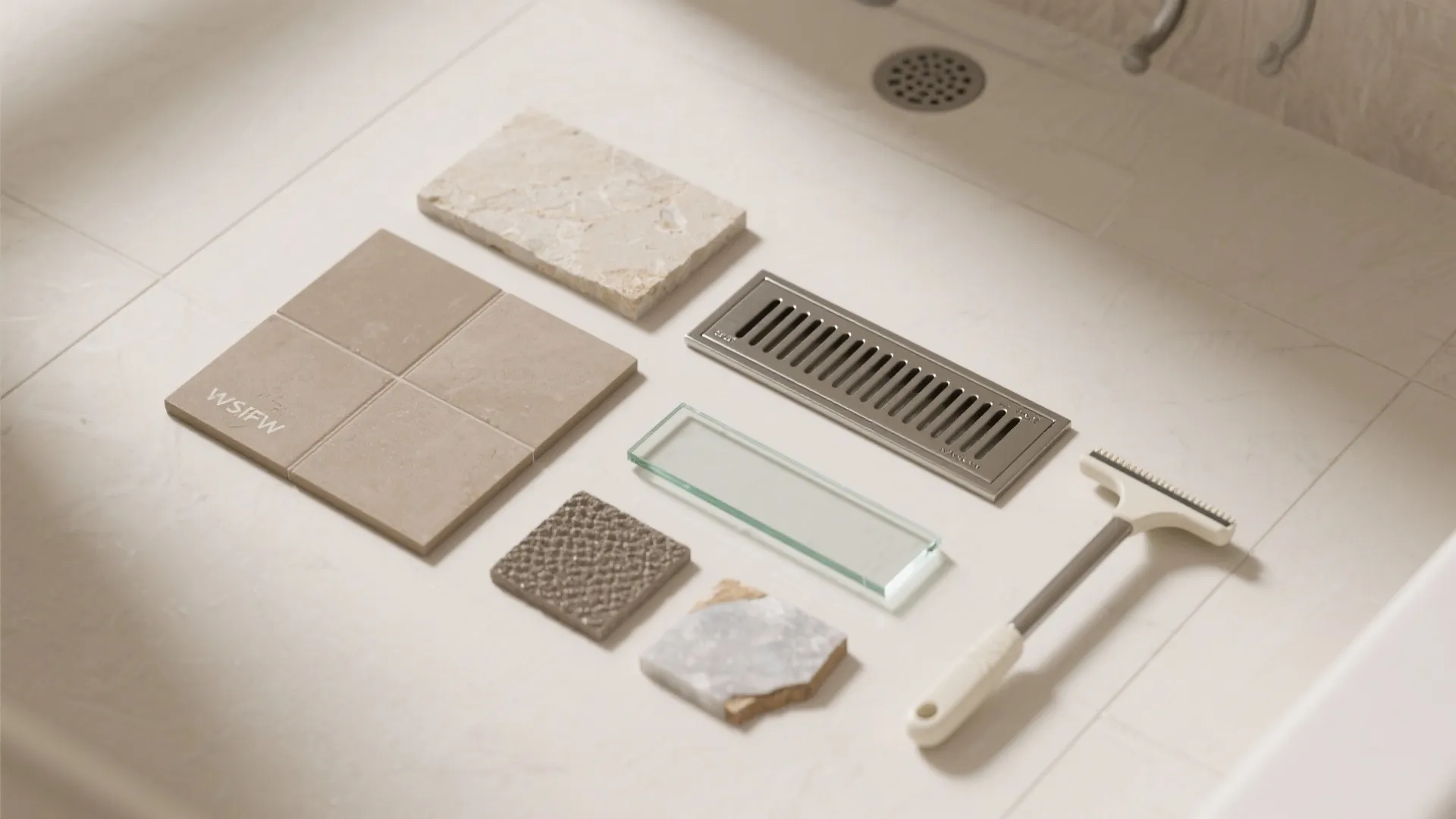 Interior design material samples including stone tiles glass piece metal drain and cleaning tool floor