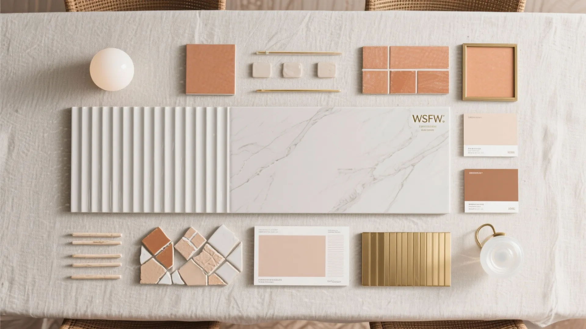 Interior design flat lay showing marble slabs tiles color swatches and metal samples on fabric