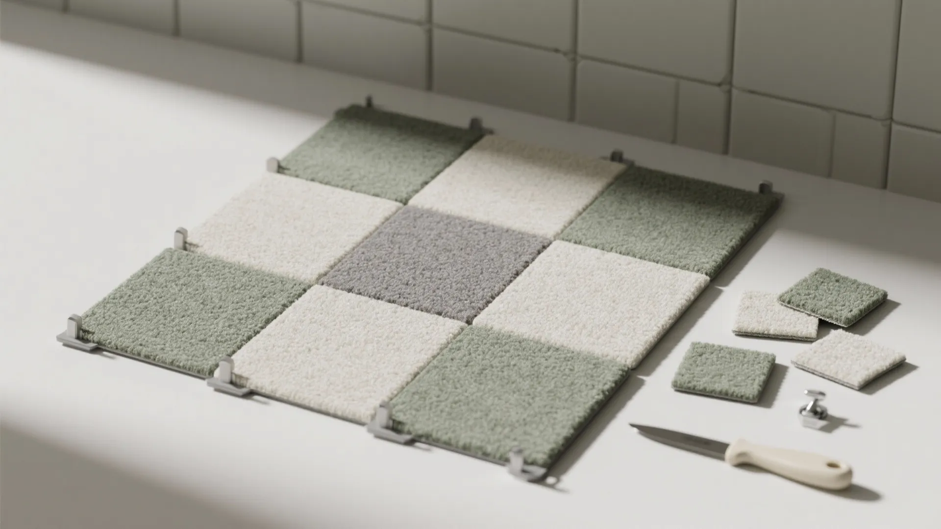 Green and white carpet tiles arranged in a grid with a small cutting tool nearby