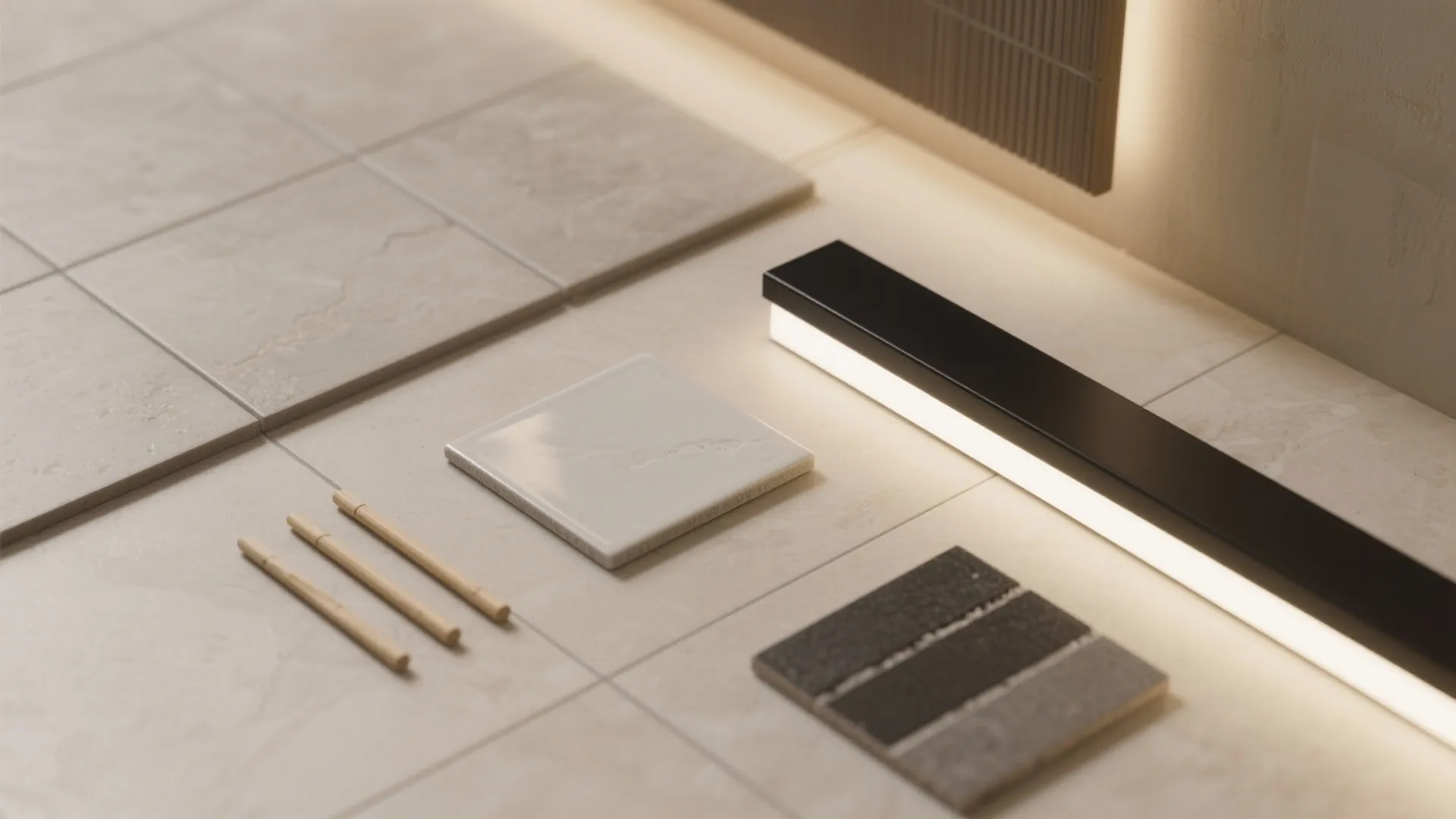 Interior design material selection with stone tiles wooden sticks and a long black modern light fixture