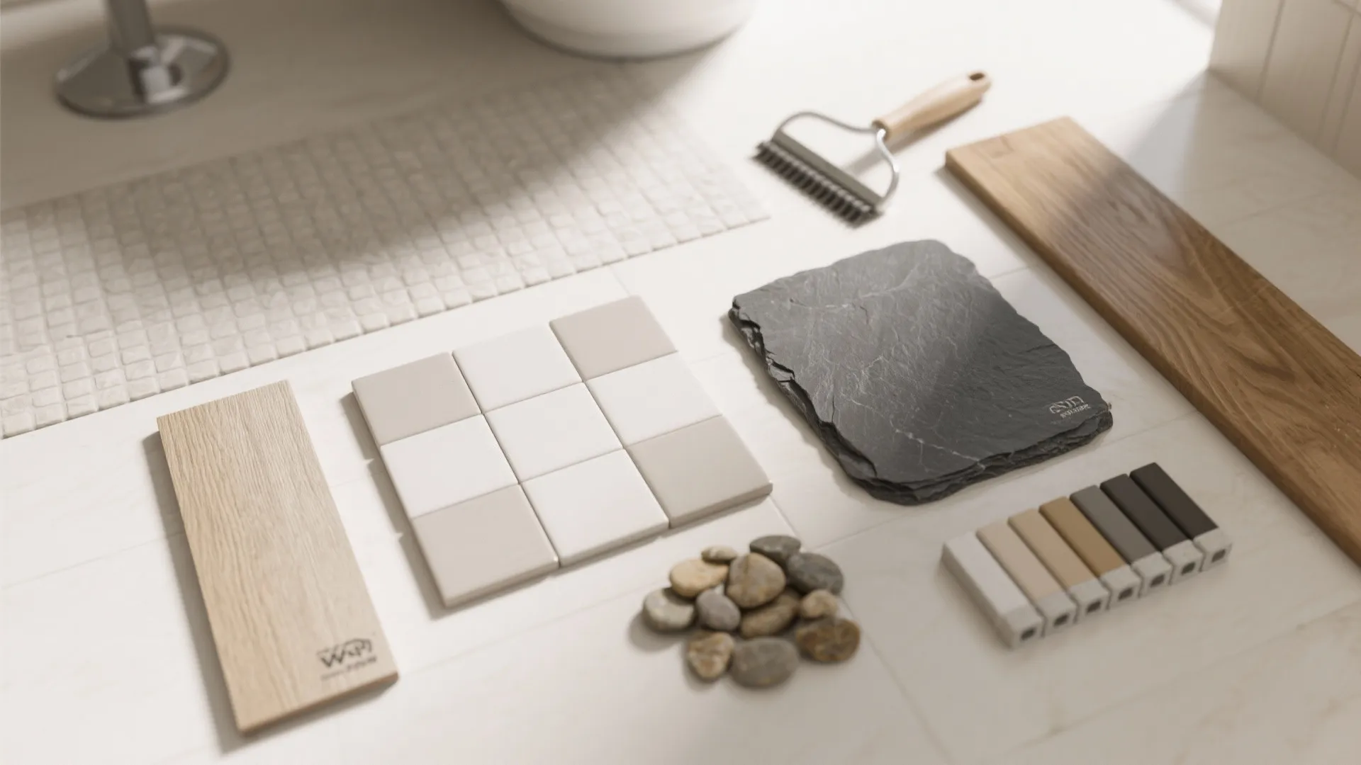Interior design material board with tiles, wood planks, black stone, small pebbles, and color samples