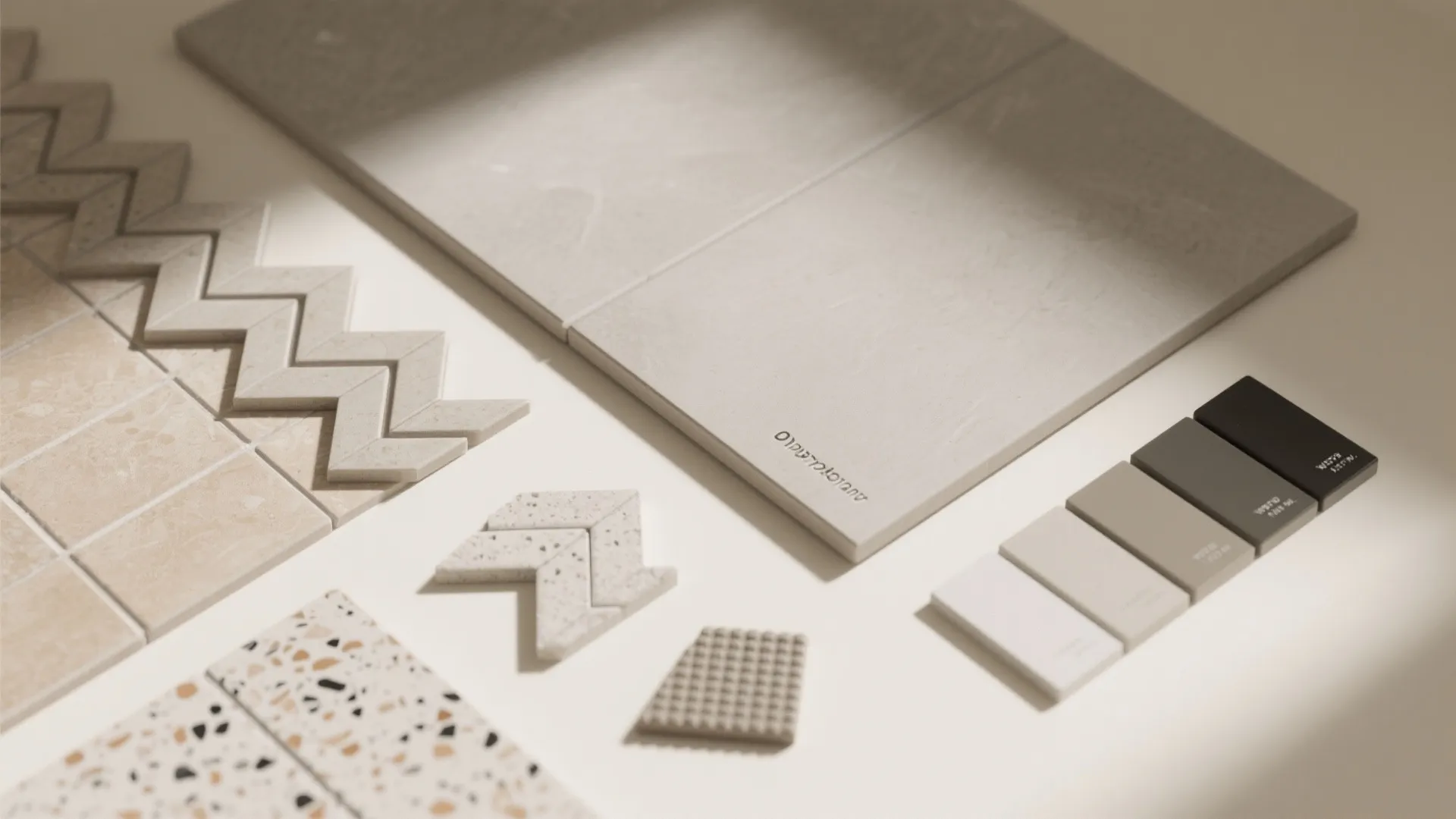 Flat lay of matte porcelain tiles, herringbone pieces, textured tile chip, and grout swatches in near-tone and contrast.