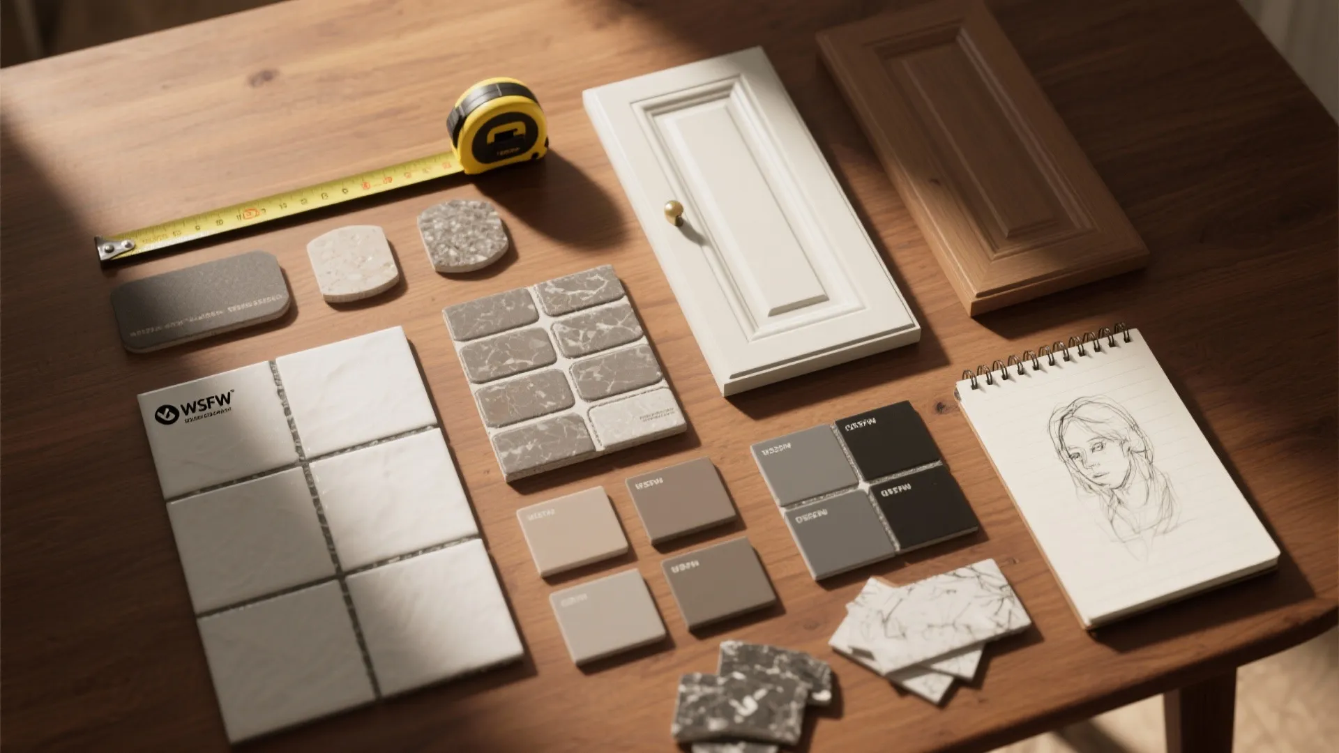 Interior design mood board with material samples including tiles wood panels and yellow measuring tape