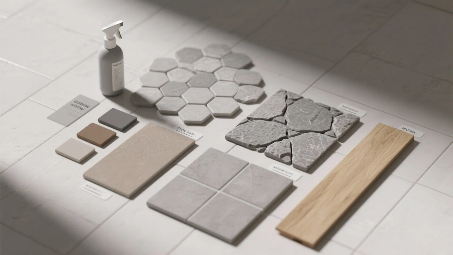 Flat lay of non-slip tile samples: textured porcelain, mosaics, stone-look, wood-look, and cement-look.