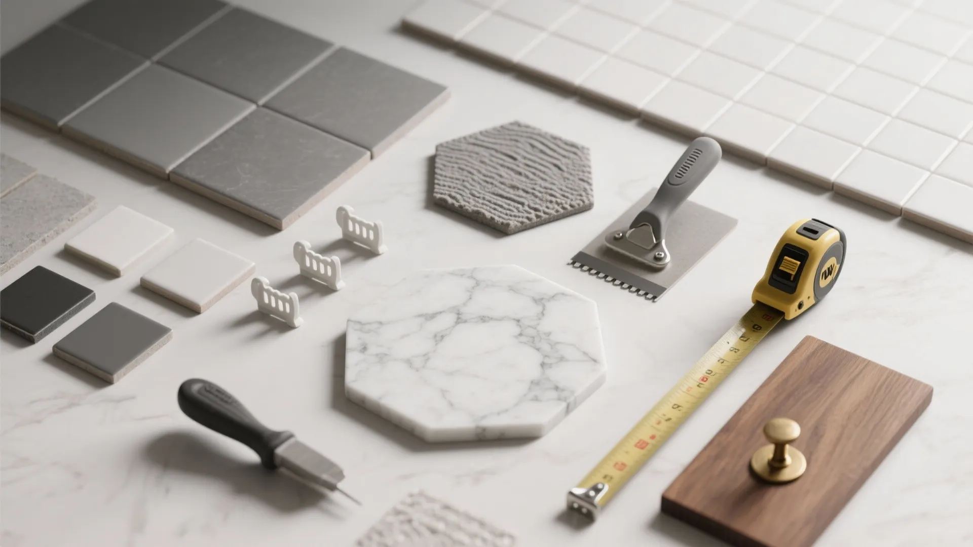 Various stone tiles tape measure and renovation tools neatly arranged on a white marble surface