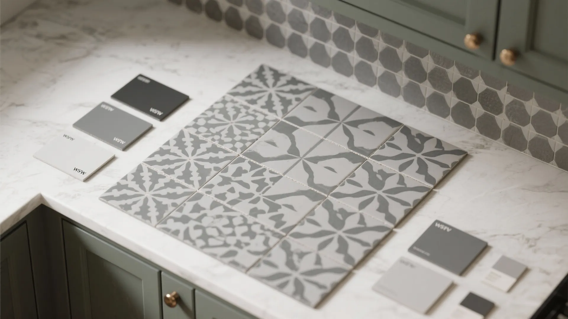 Grey and white patterned floor tiles displayed on a marble countertop with small color samples