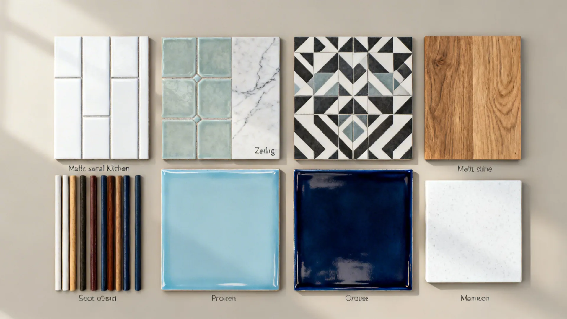 Top-down flat lay of various small-kitchen tile samples with grout and finishes.