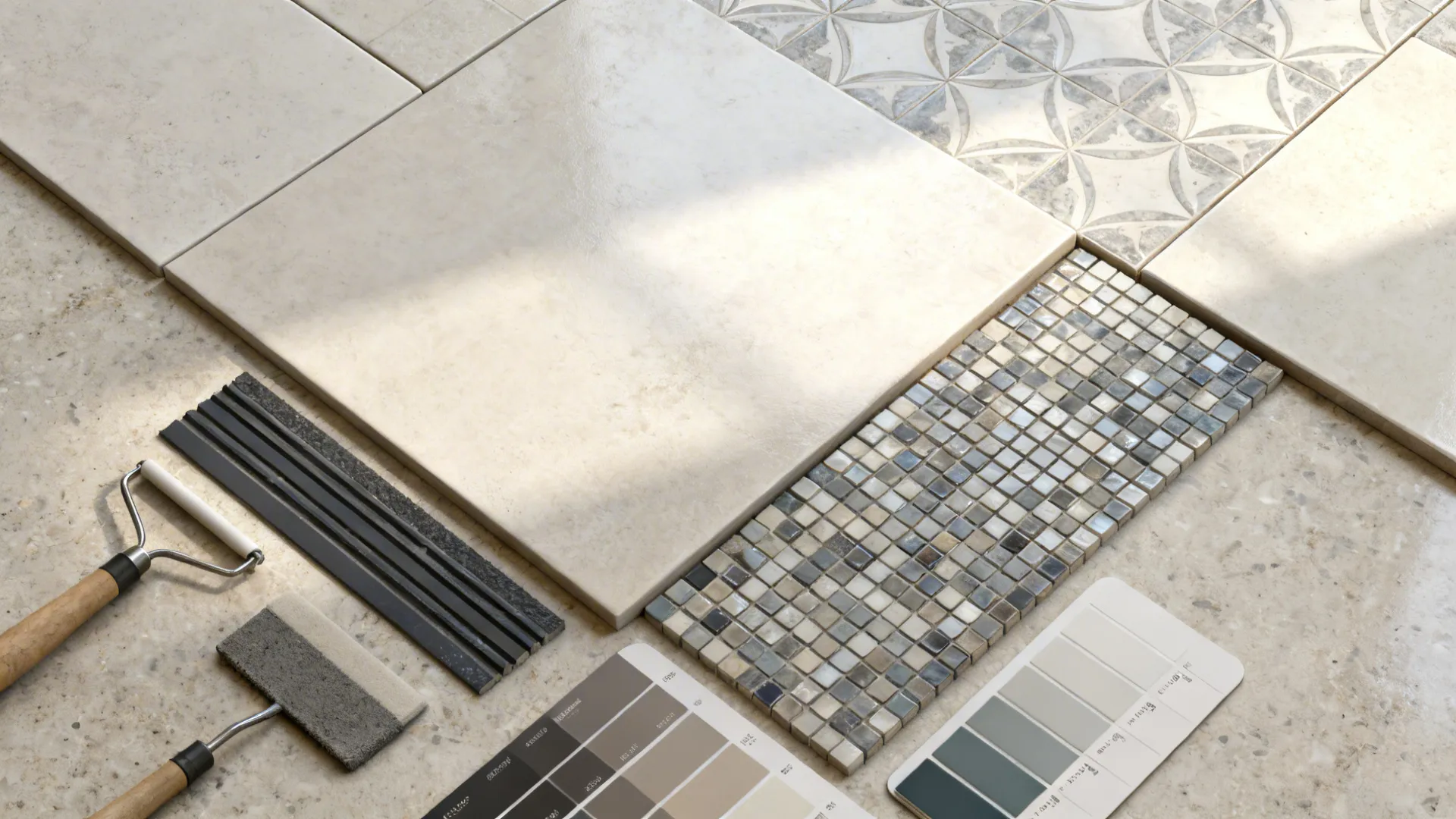 Top-down flatlay of tile countertop samples, grout strips, and color swatches showing large-format and mosaic options.