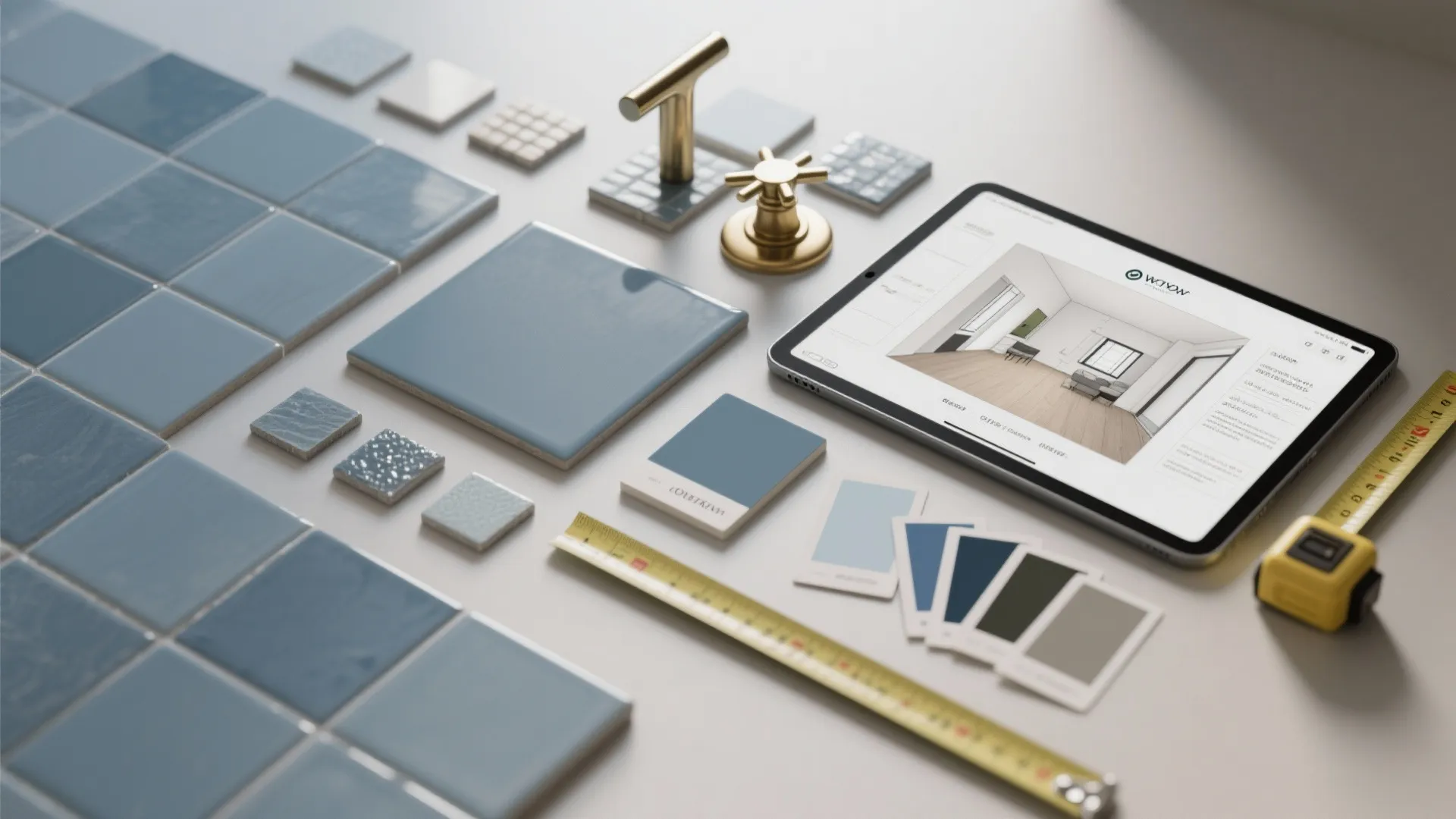 Interior design drawing on tablet surrounded by blue wall tiles color samples and measuring tape