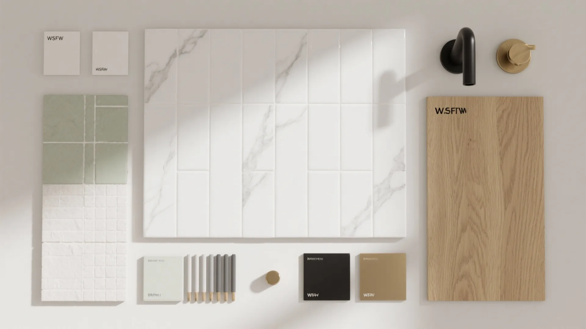 Interior design mood board with white marble tiles wooden board green squares and metal faucet hardware