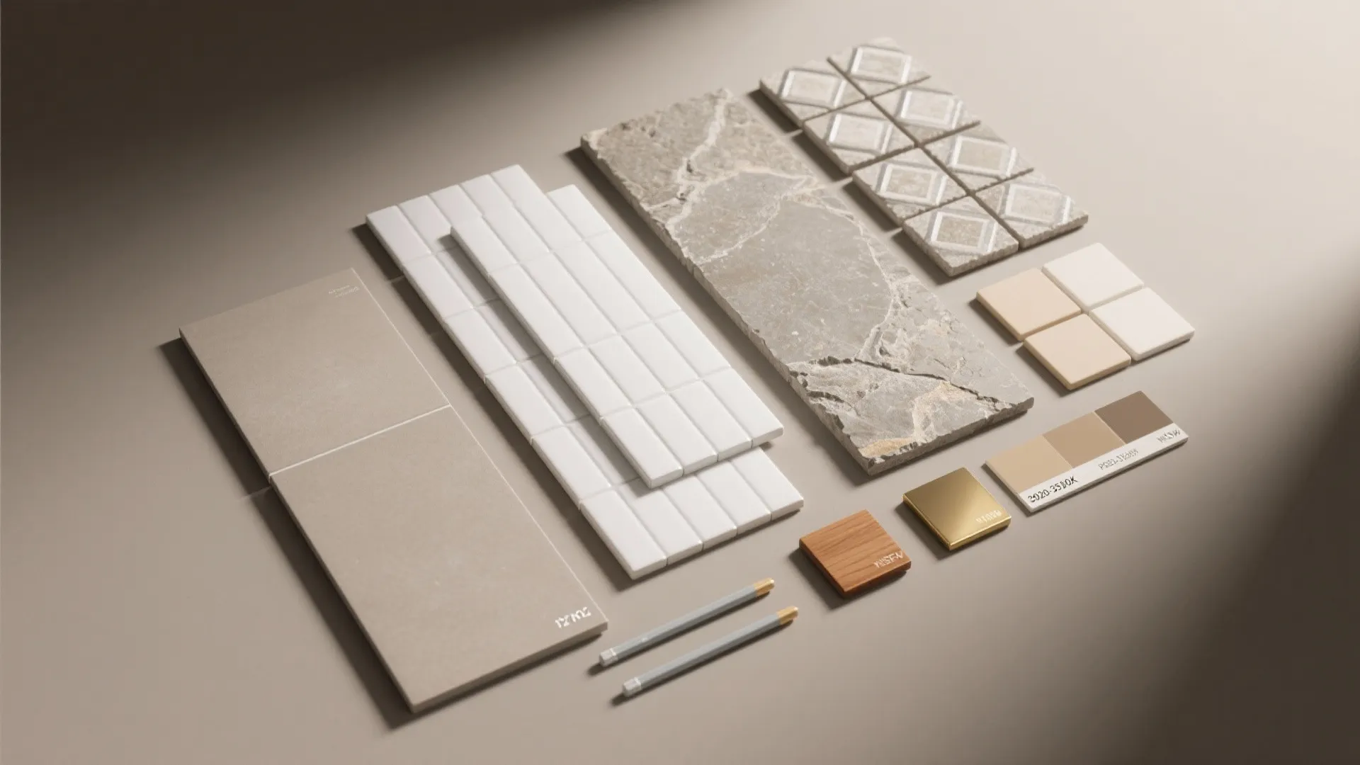 Collection of various wall and floor tiles with wood and metal samples on plain surface