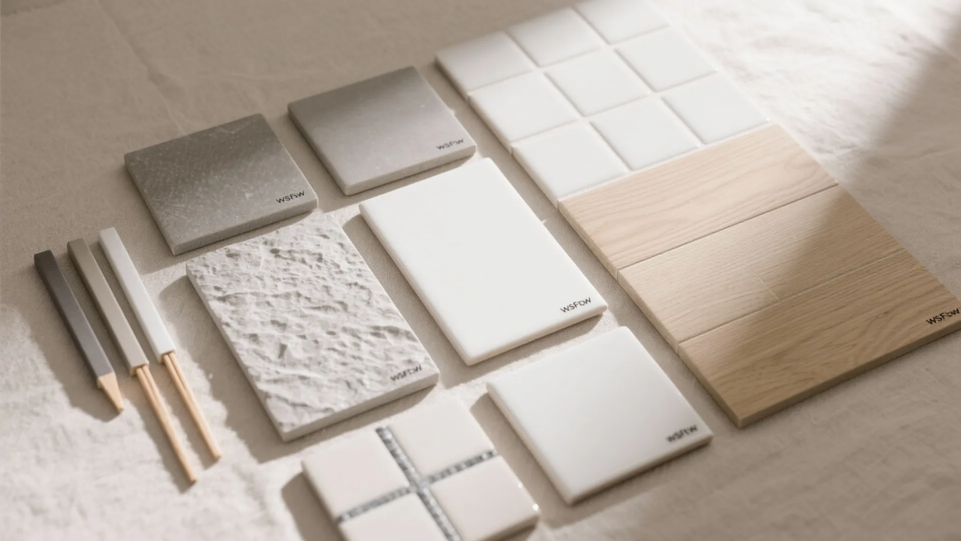 Material samples including stone tiles white ceramic blocks and wood panels for interior design project