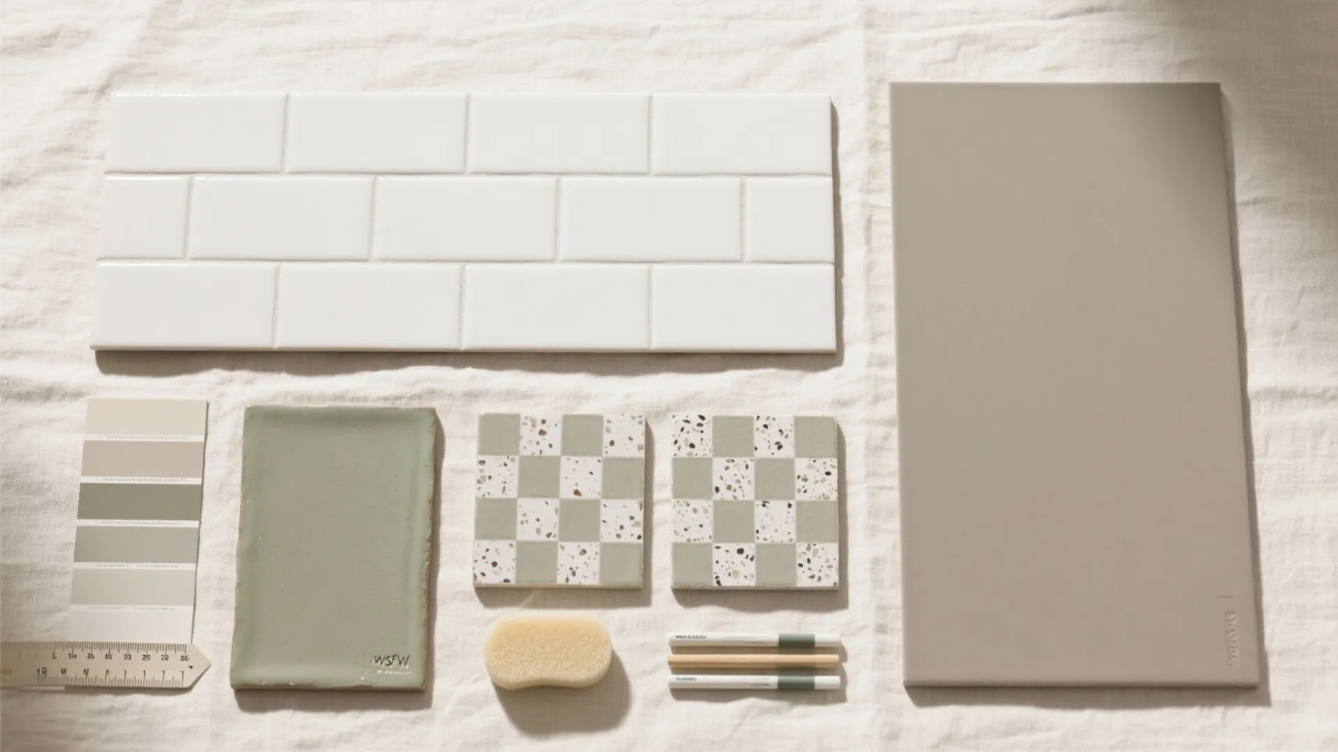 Top-down flat lay of tile, grout, paint swatches, and tools in a calm neutral palette.