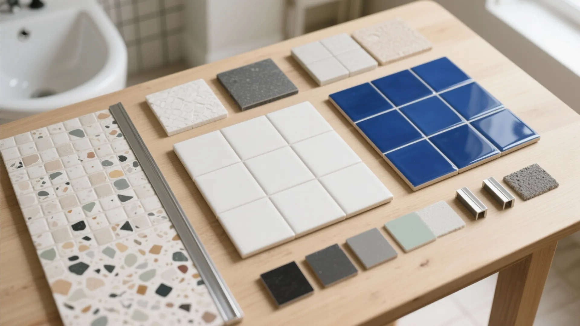 Assorted bathroom wall tiles and floor samples on wooden table for home interior design project