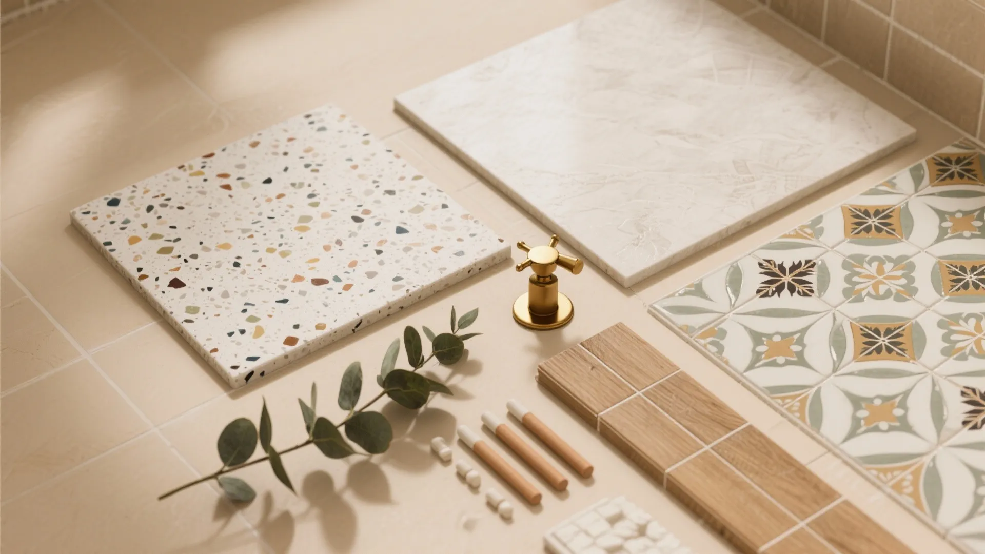 Flat lay showing terrazzo and patterned tiles with gold tap wood samples and green plant