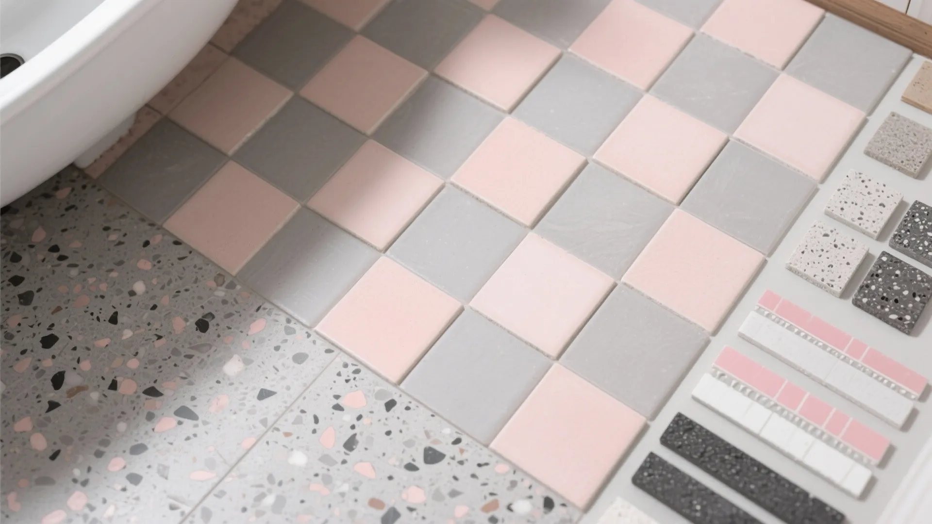 Pink and grey square tiles with terrazzo material samples for a modern bathroom and kitchen