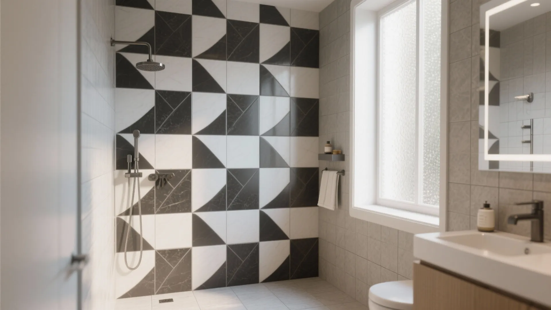 Modern bathroom featuring black and white geometric wall tiles and white sink with bright window