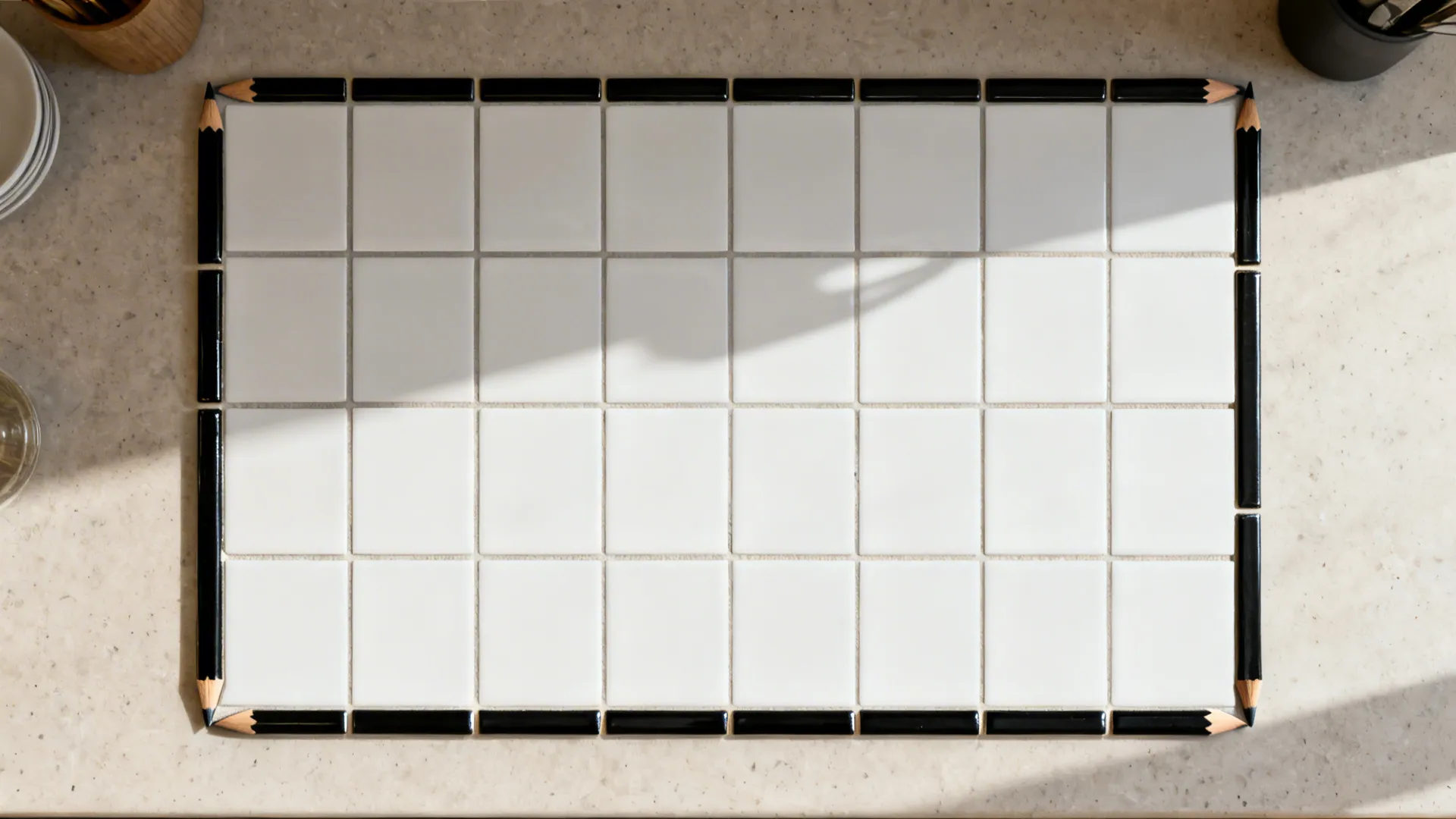 Top-down view of a white tile backsplash framed by a thin black pencil border with precise corners.