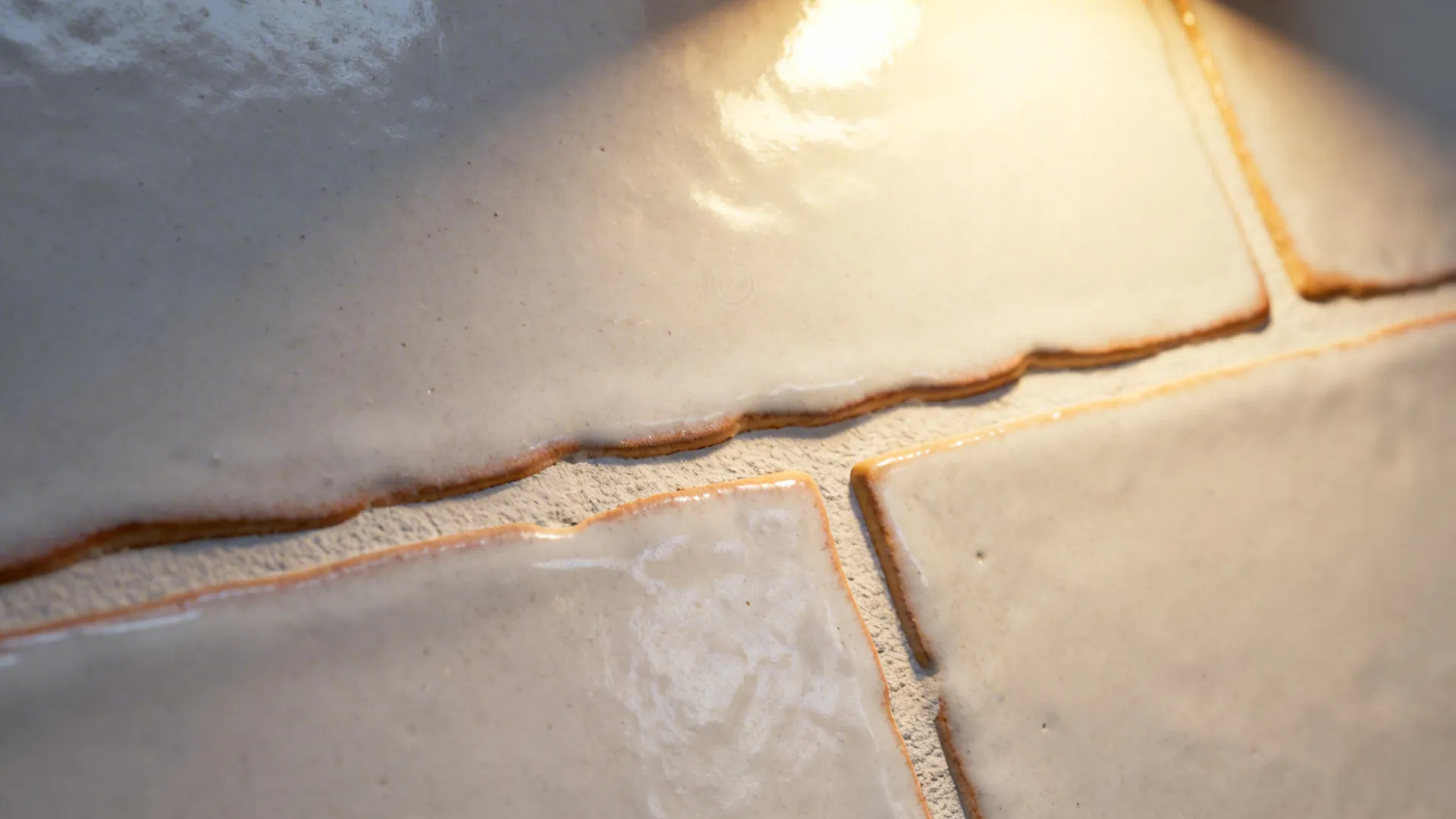 Macro of handmade-look ceramic tiles showing soft glaze variation and warm grout.