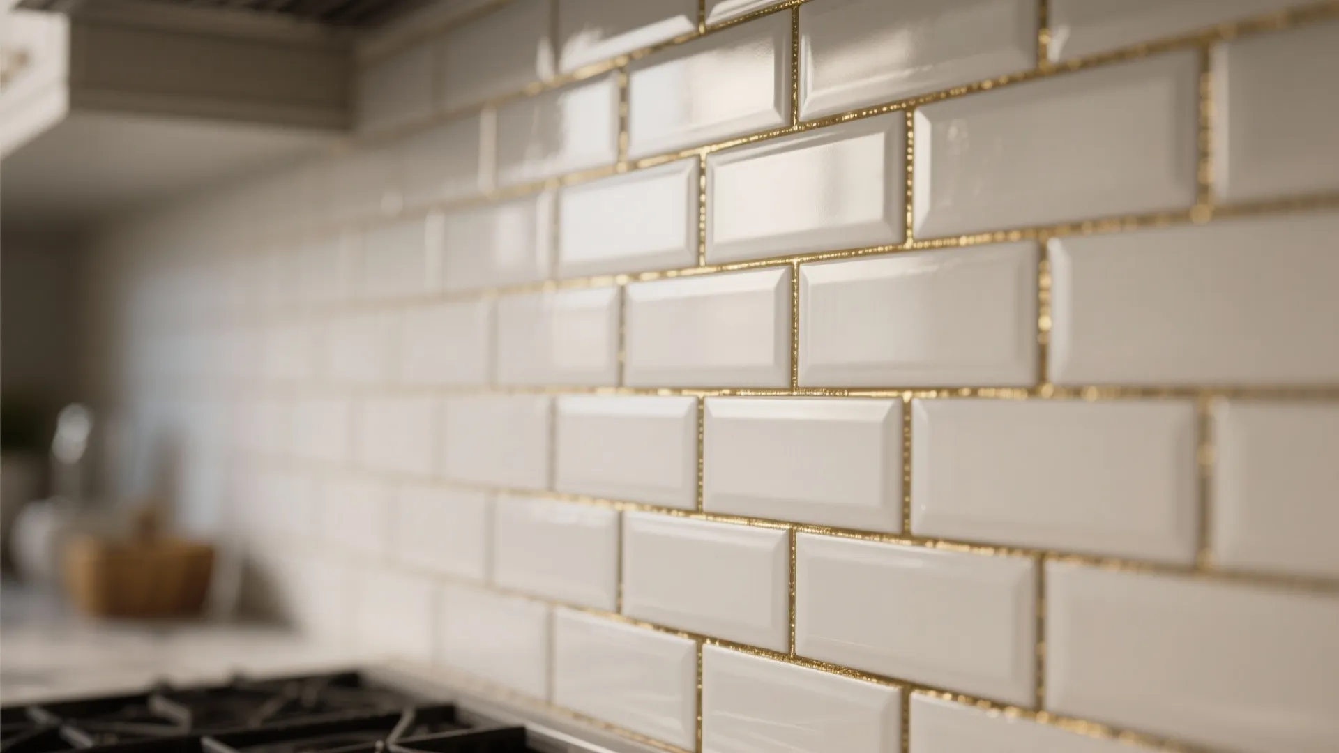 4. White tile backsplash with gold grout lines for drama