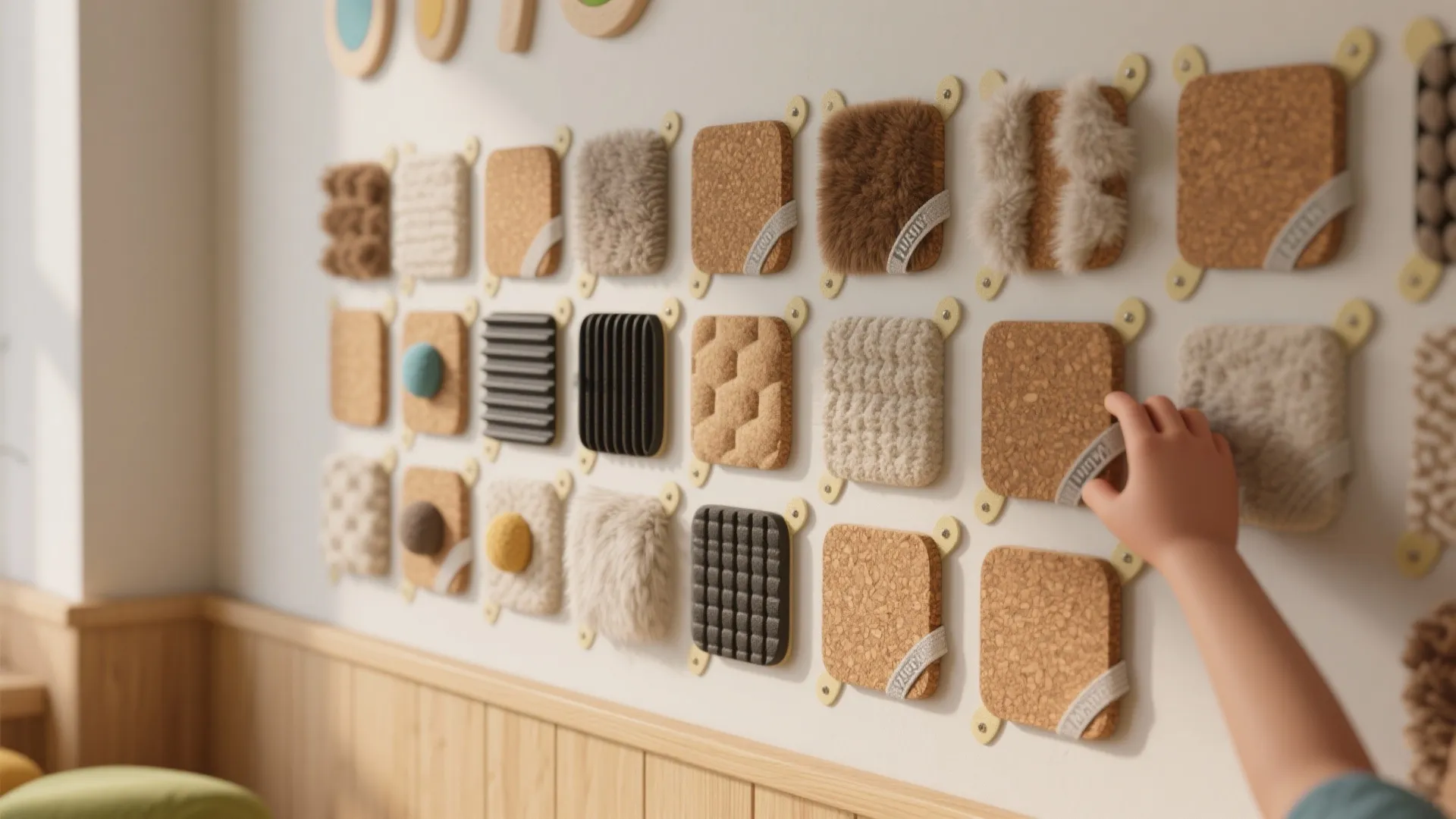A child reaching for texture tiles on a white wall with various fabric and materials