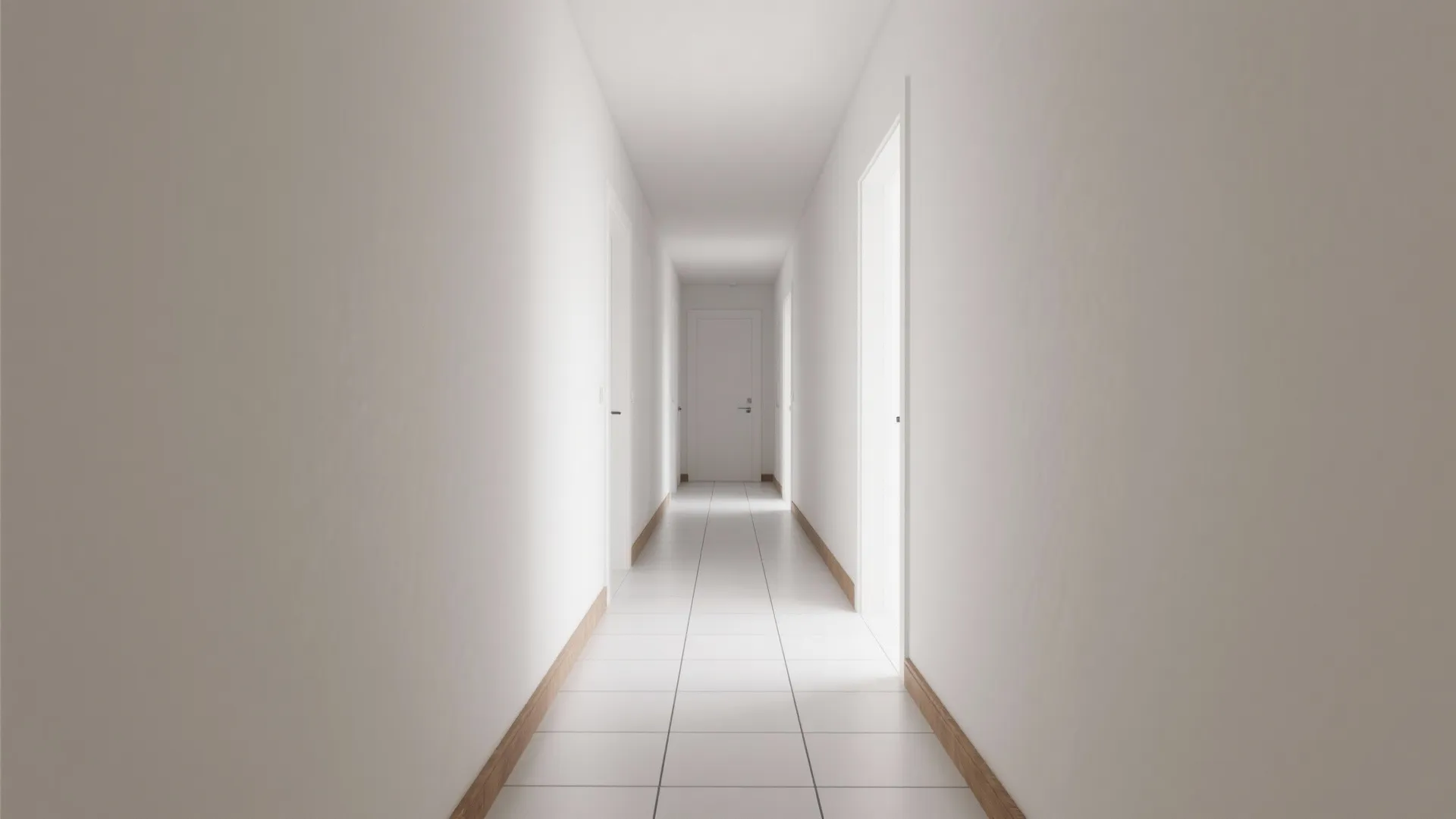 Long narrow white hallway with white floor tiles and wooden floor trim under bright light