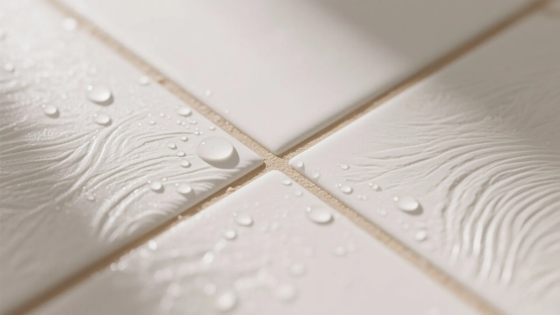 Macro detail of matte micro-textured porcelain with water droplets and a tight grout joint for traction.