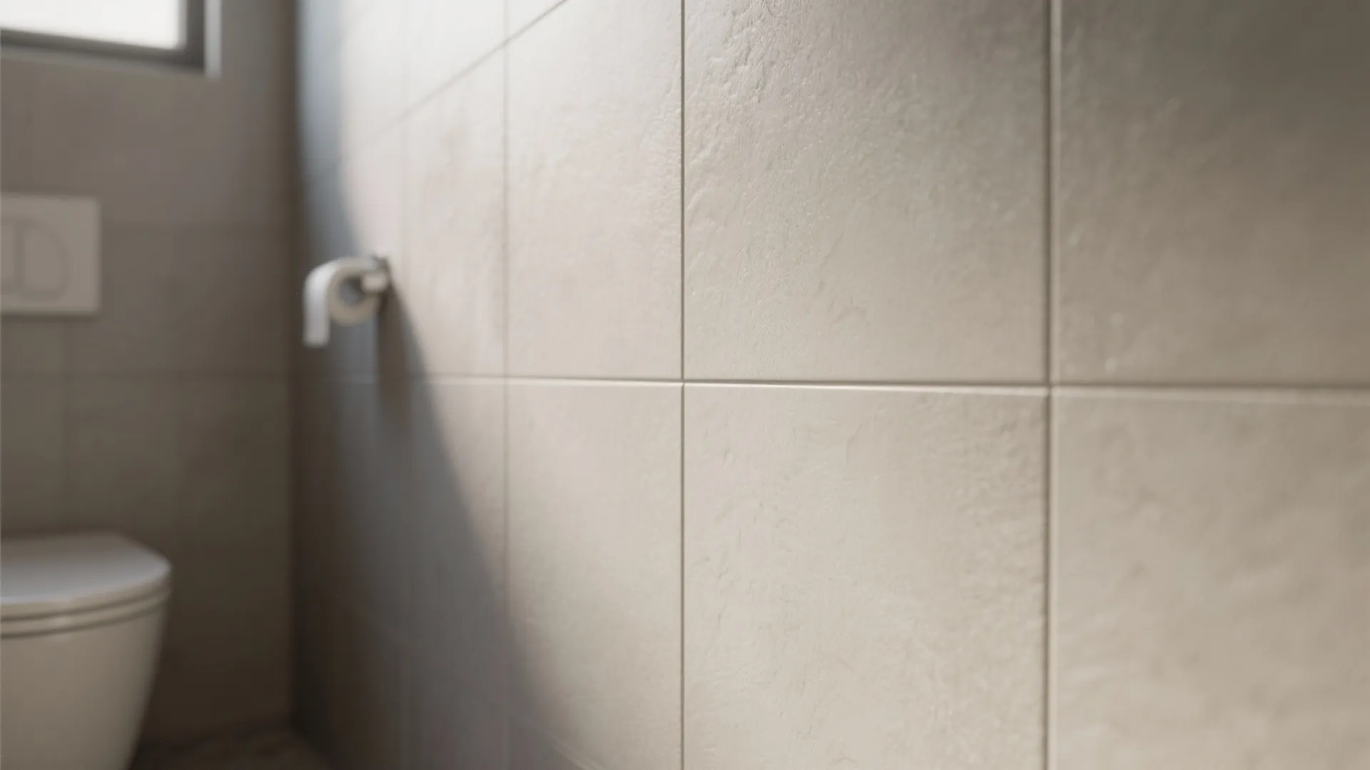 Close up of beige bathroom wall tiles with clean grout lines next to a toilet