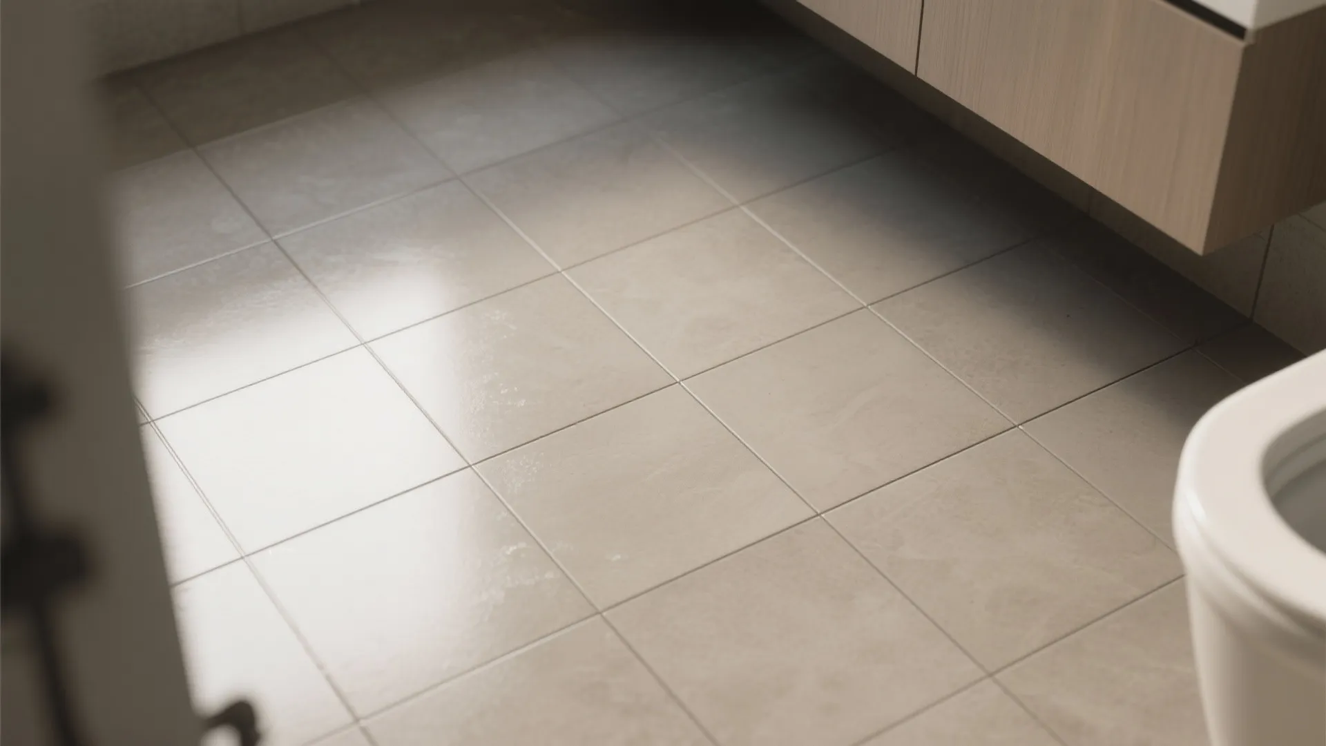 Modern bathroom floor with clean beige square tiles reflecting bright natural light near white toilet