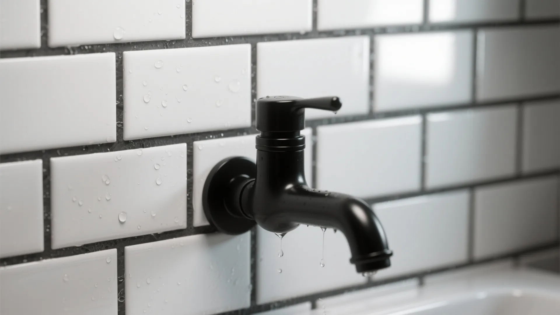 Close-up of white subway tiles with charcoal grout and a matte black faucet
