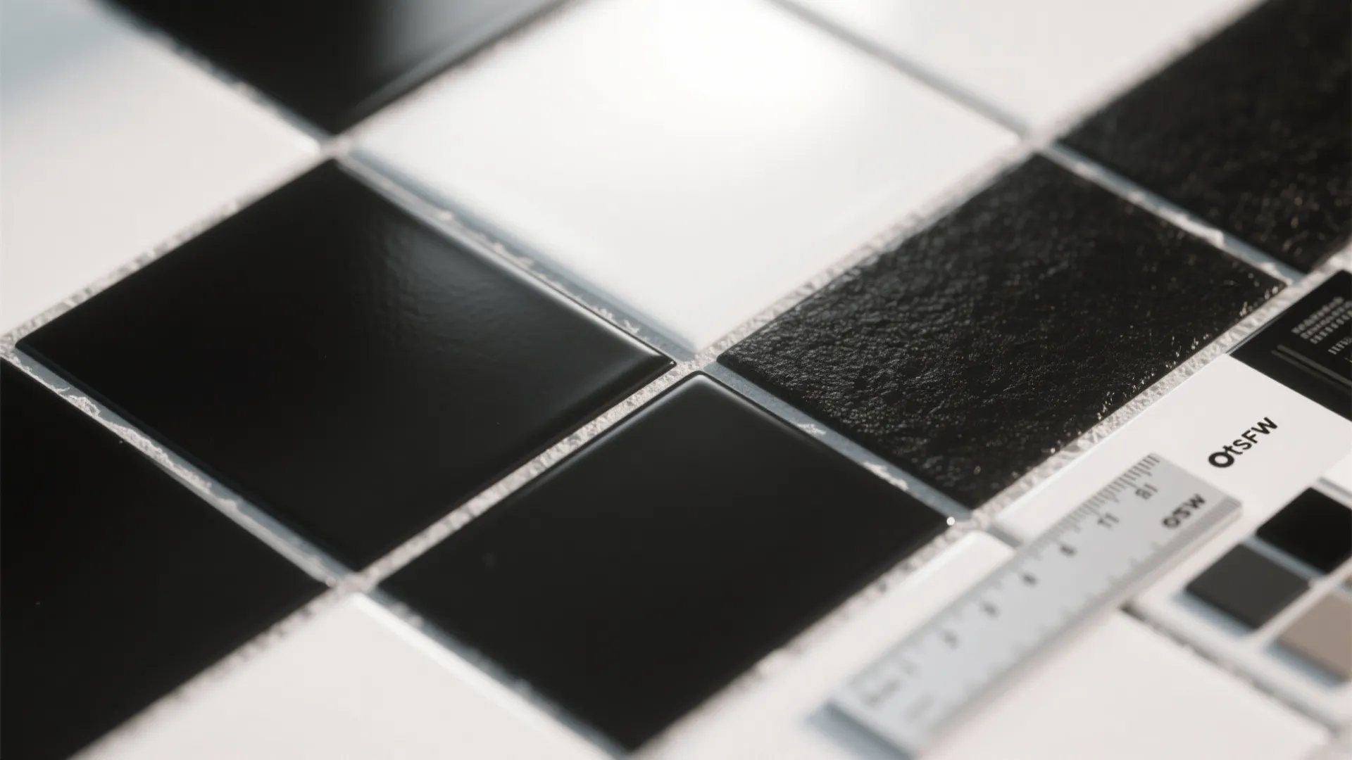 Close up of black and white square floor tiles showing grout lines and measuring ruler tool