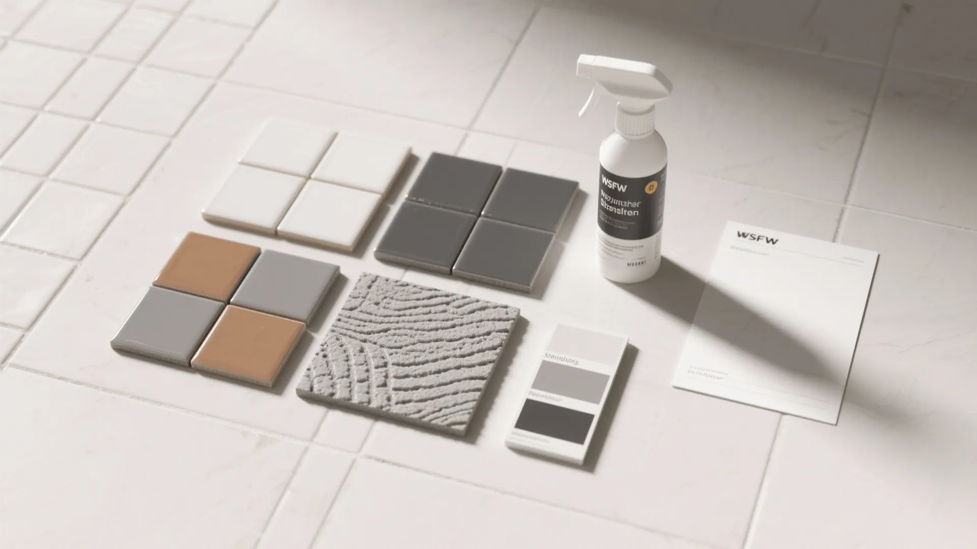 Various floor tile samples spray bottle and color palette arranged on a white tiled floor surface
