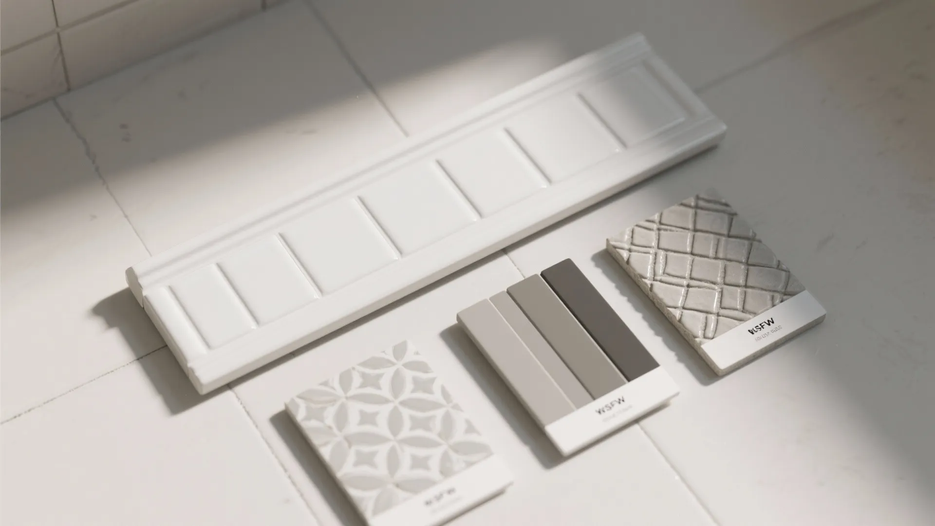 Interior design material board with white wall panel grey color samples and patterned floor tiles