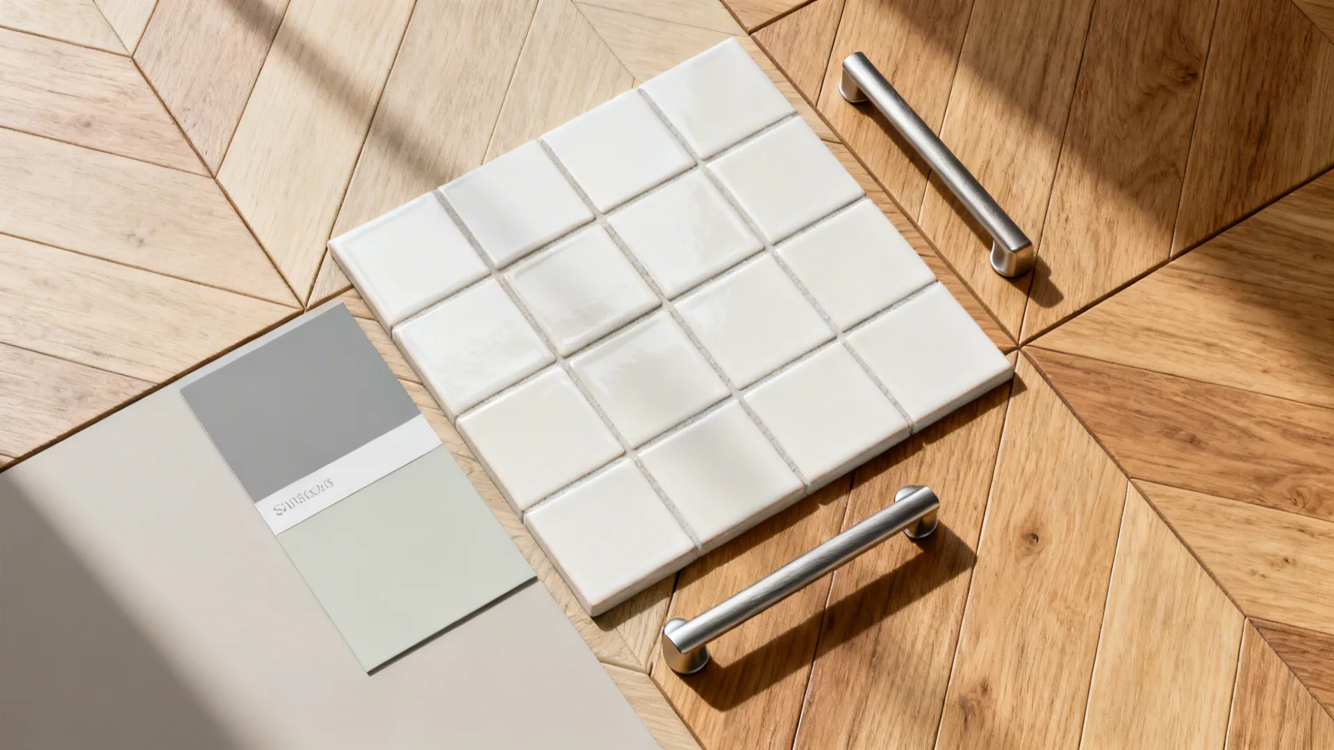 Flat lay with off-white tile, grey grout swatch, greige paint, oak veneer, and satin hardware.