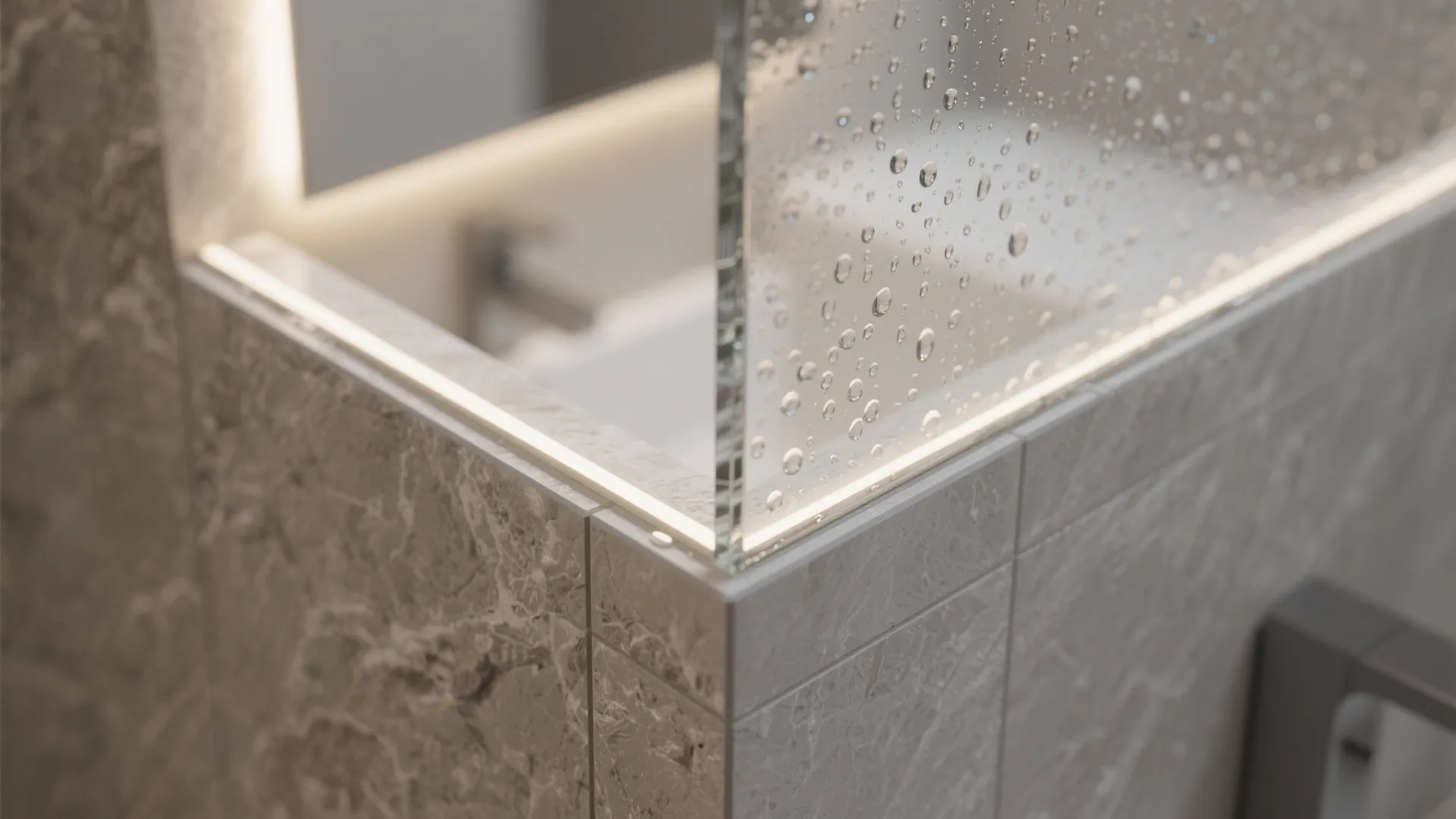 Close up of grey marble tiles with light fixture strip and water drops on glass