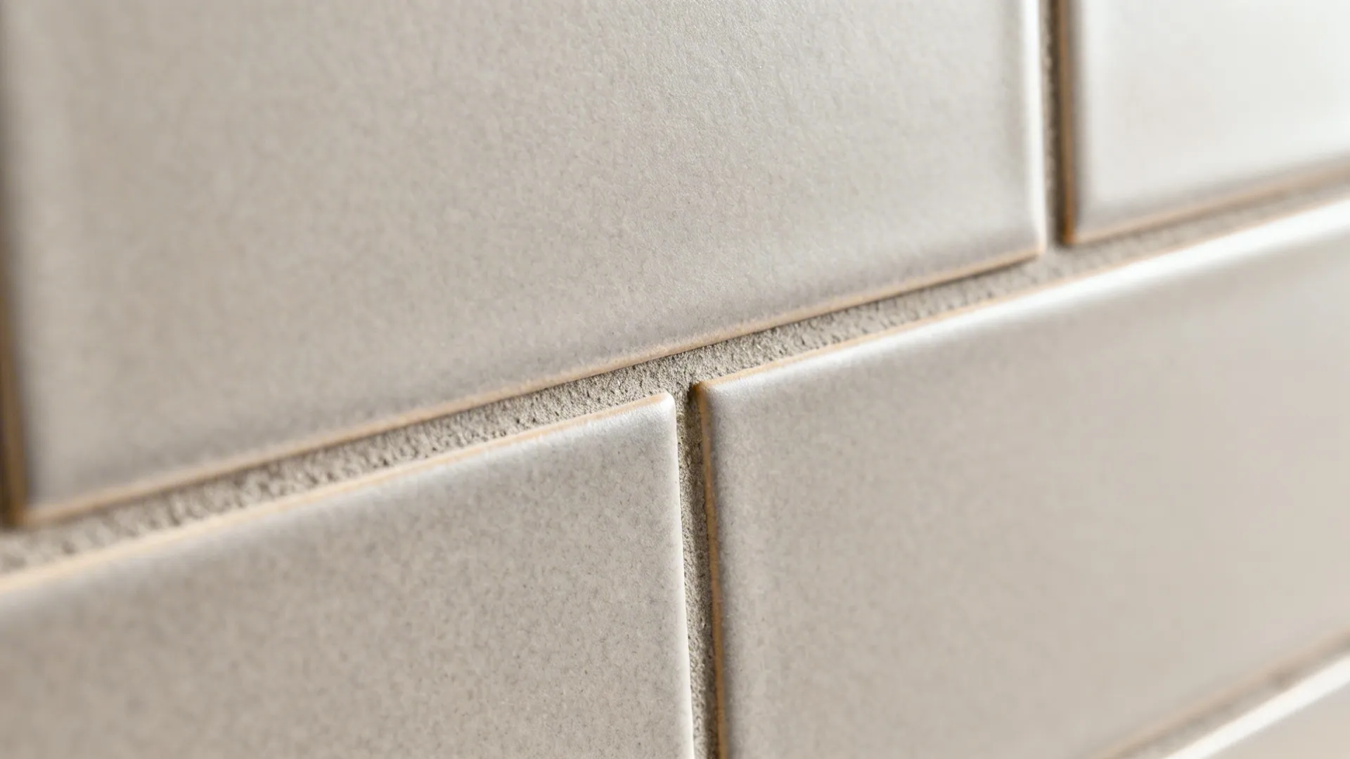 Macro of matte subway tiles with precise 1/16-inch grout in warm gray.