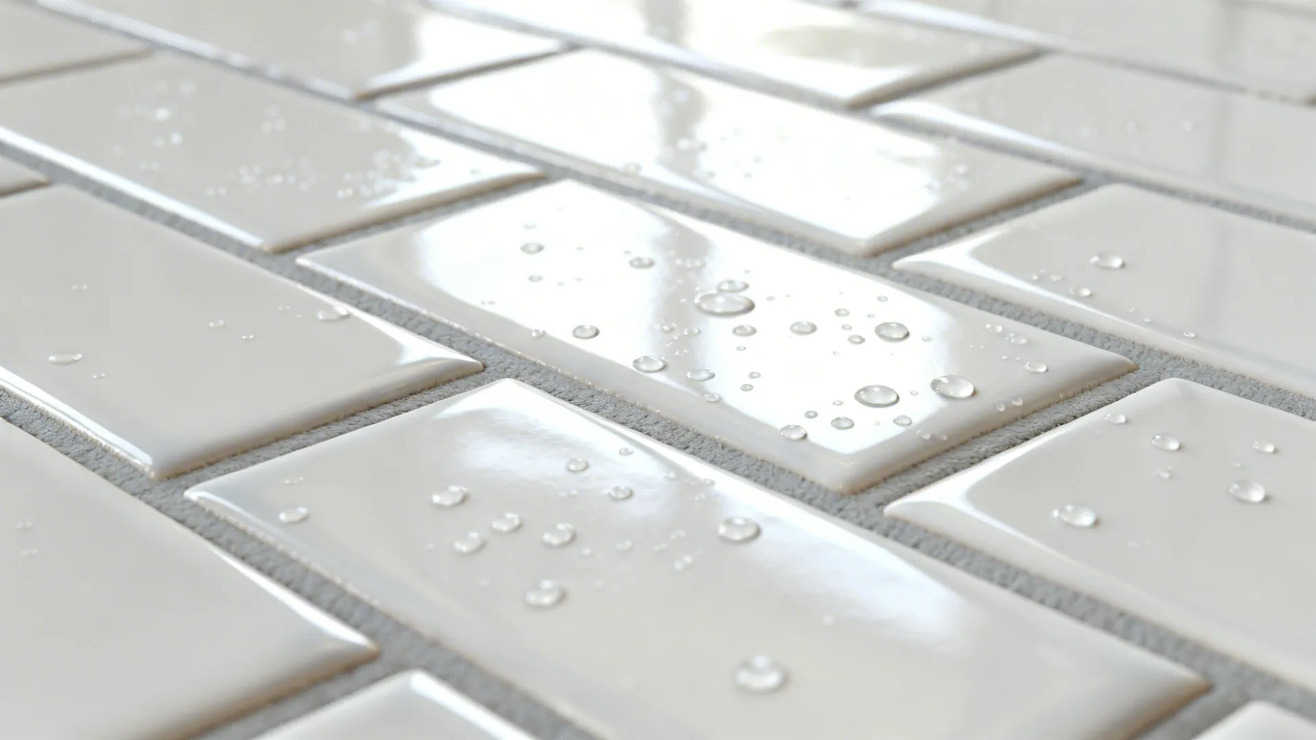 Macro of glazed subway tile with light grey grout showing soft reflections and cleanable surface.