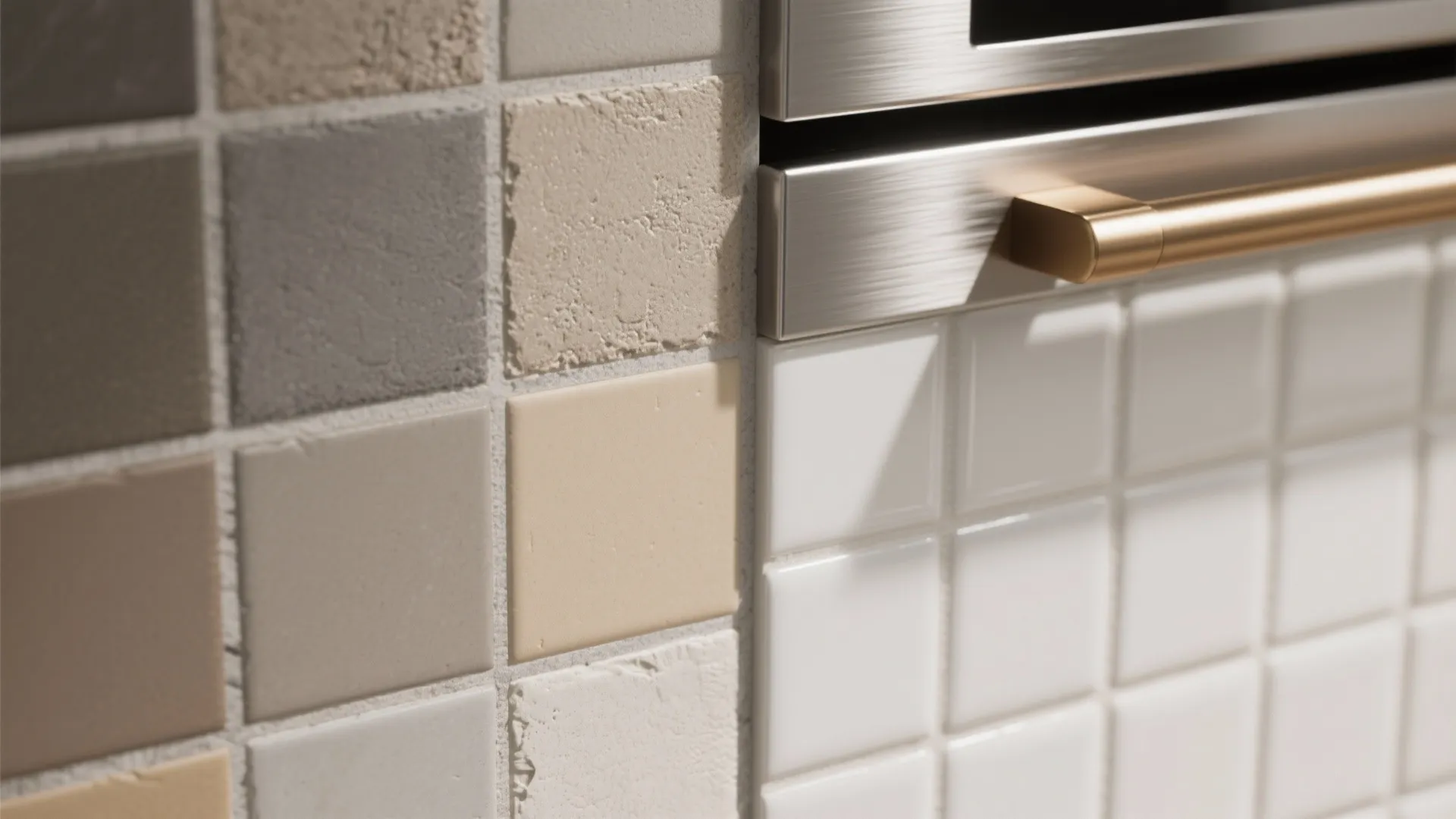 Close up view of multi colored square wall tiles next to a metal kitchen oven