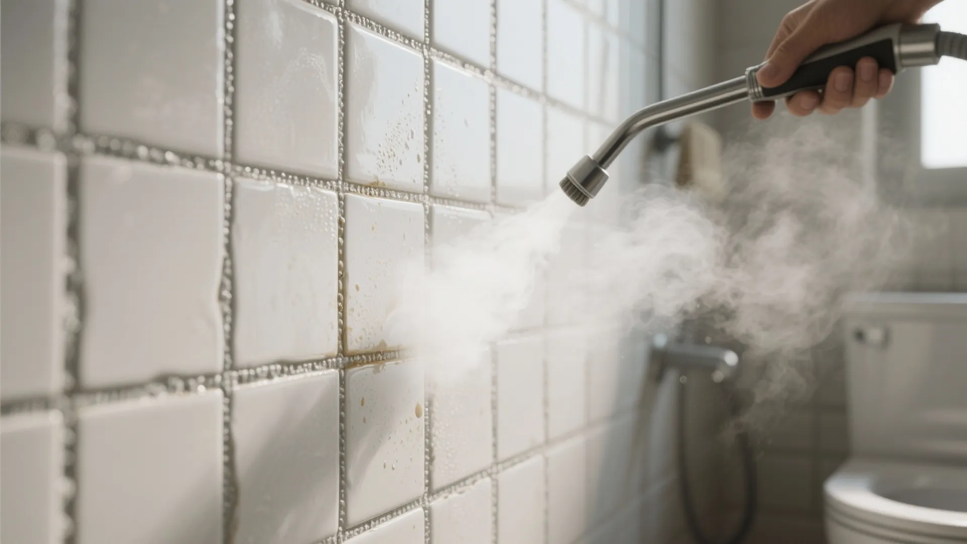 Hand holding a steam cleaner tool to clean white wall tiles and grout in bathroom