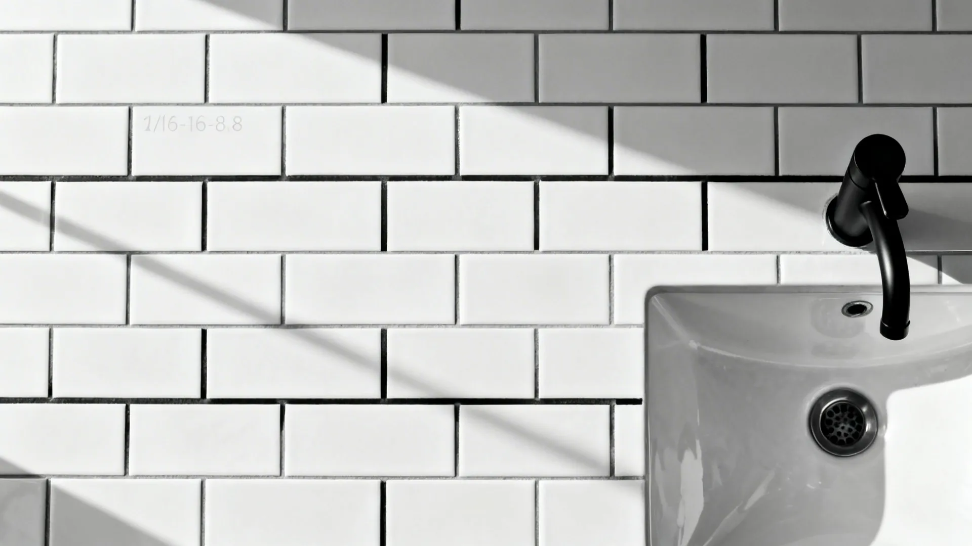 Top-down view illustrating tight subway tile spacing with dark grout around a sink line.
