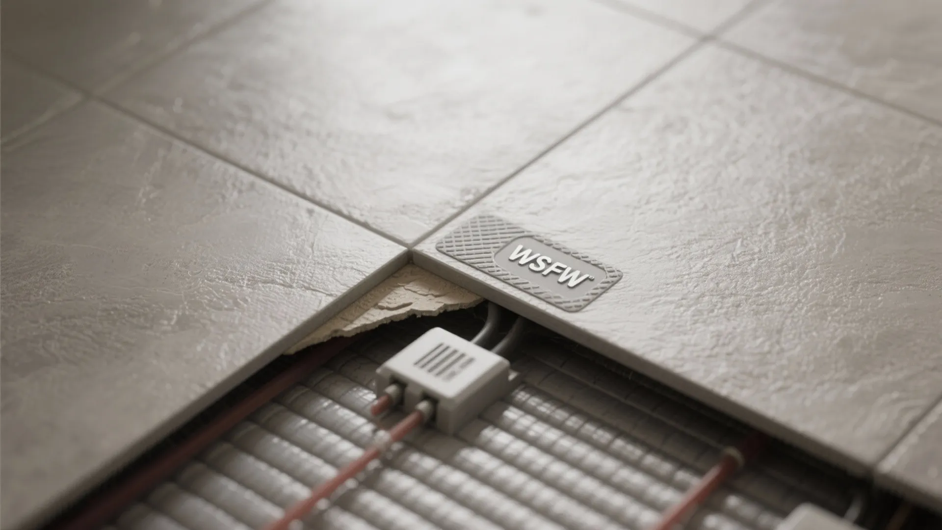 Close up view of floor heating system installation under grey stone tiles with wires and sensor