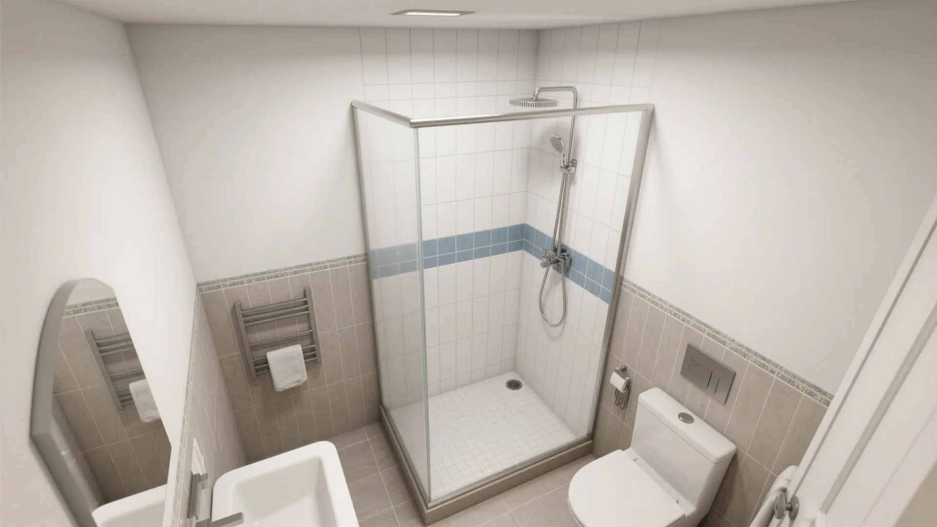 Top-down plan view illustrating tile coverage to the ceiling and zoning in a compact bathroom.