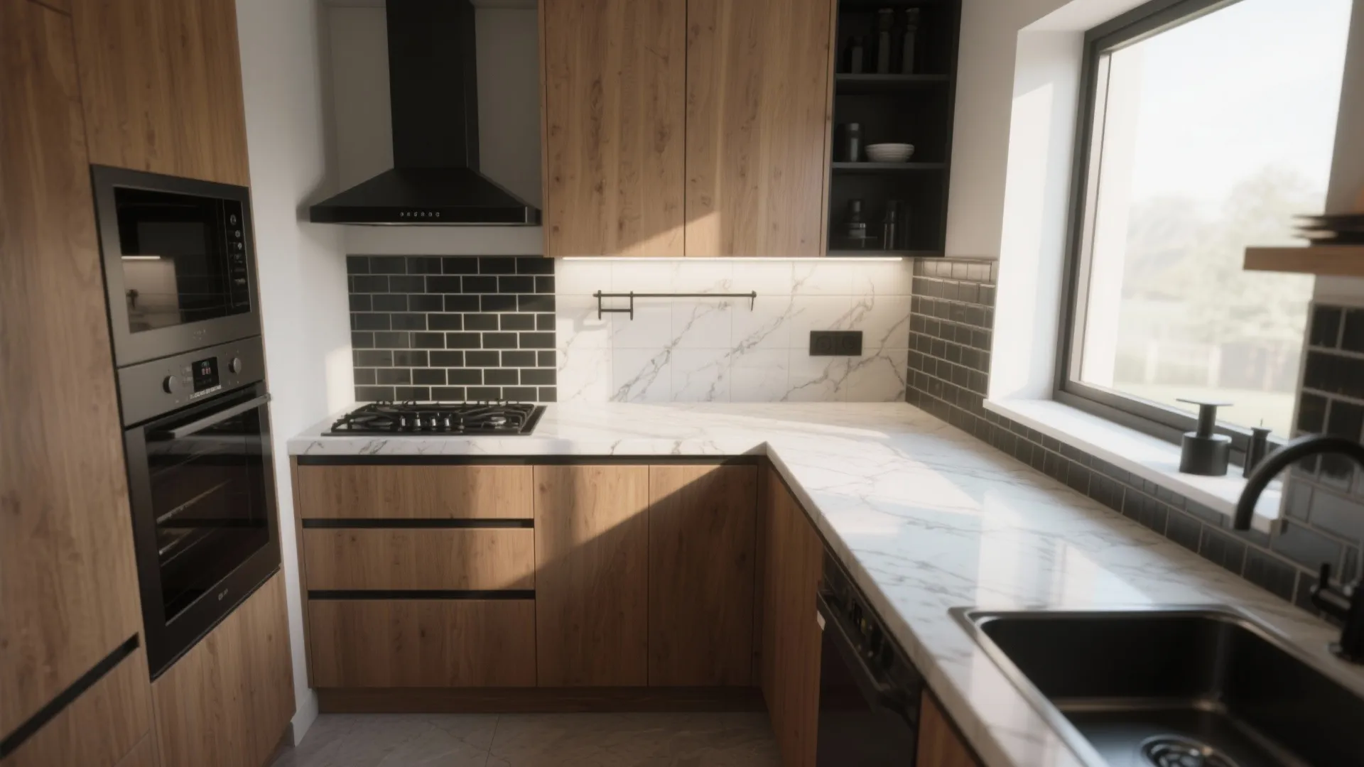 Modern kitchen with wood cabinets marble countertops black wall tiles and large window with sunlight