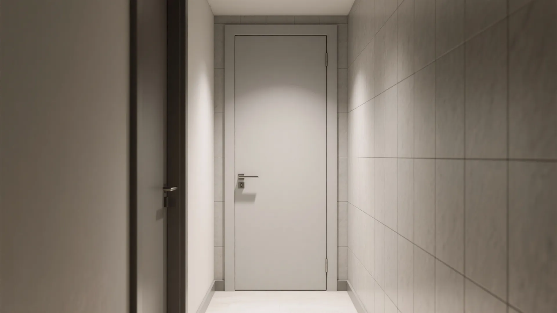 Modern white interior door in a narrow hallway with tiled walls and warm spotlighting effect