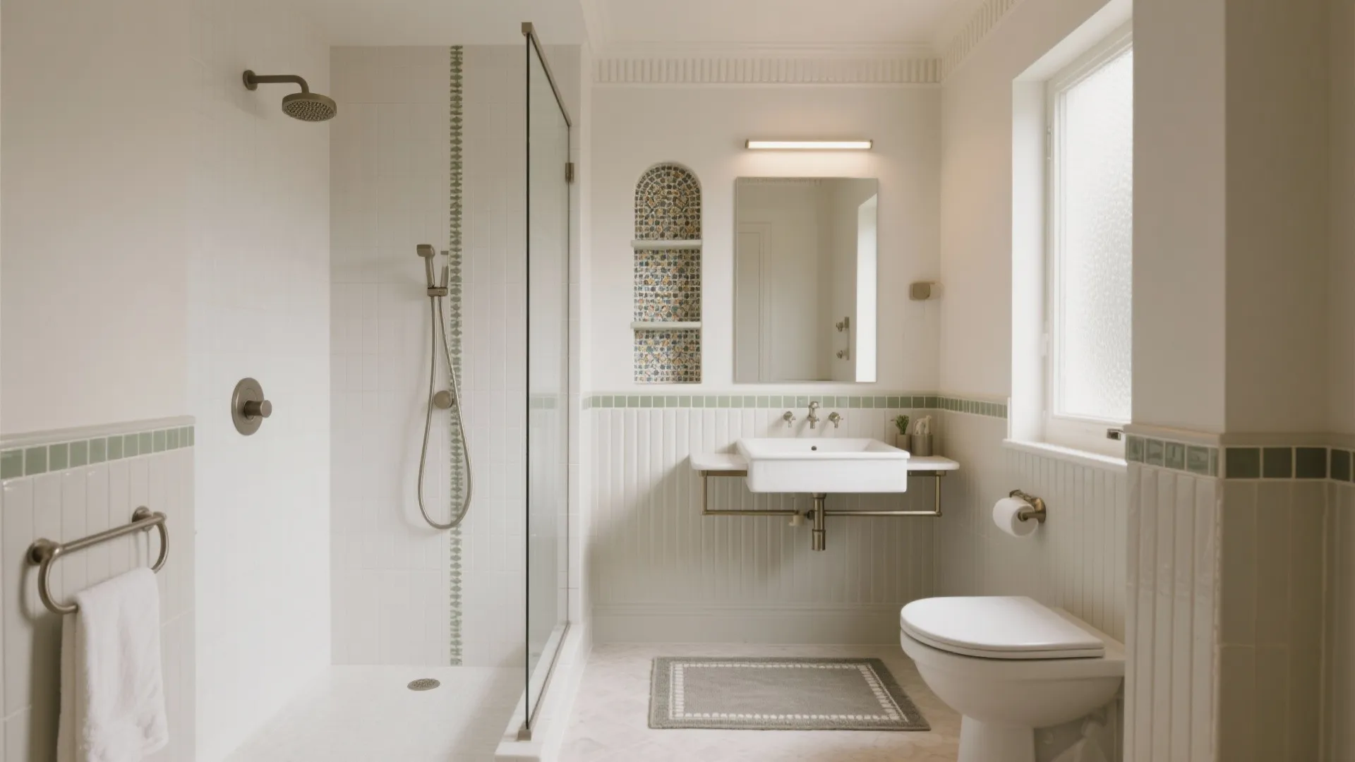 Modern bathroom with white wall tiles green trim glass shower door white sink and floor rug